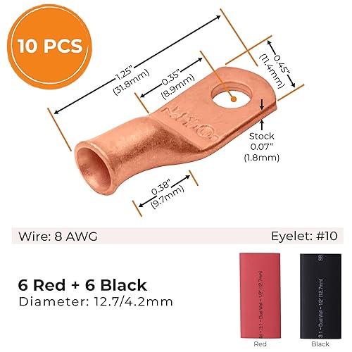 Miniatura 9 de SELTERM - 2 terminales de anillo resistentes para cable de batería, calibre 4 AWG, pernos de 38pulgadas, terminales de calibre 4, ojales de cobre