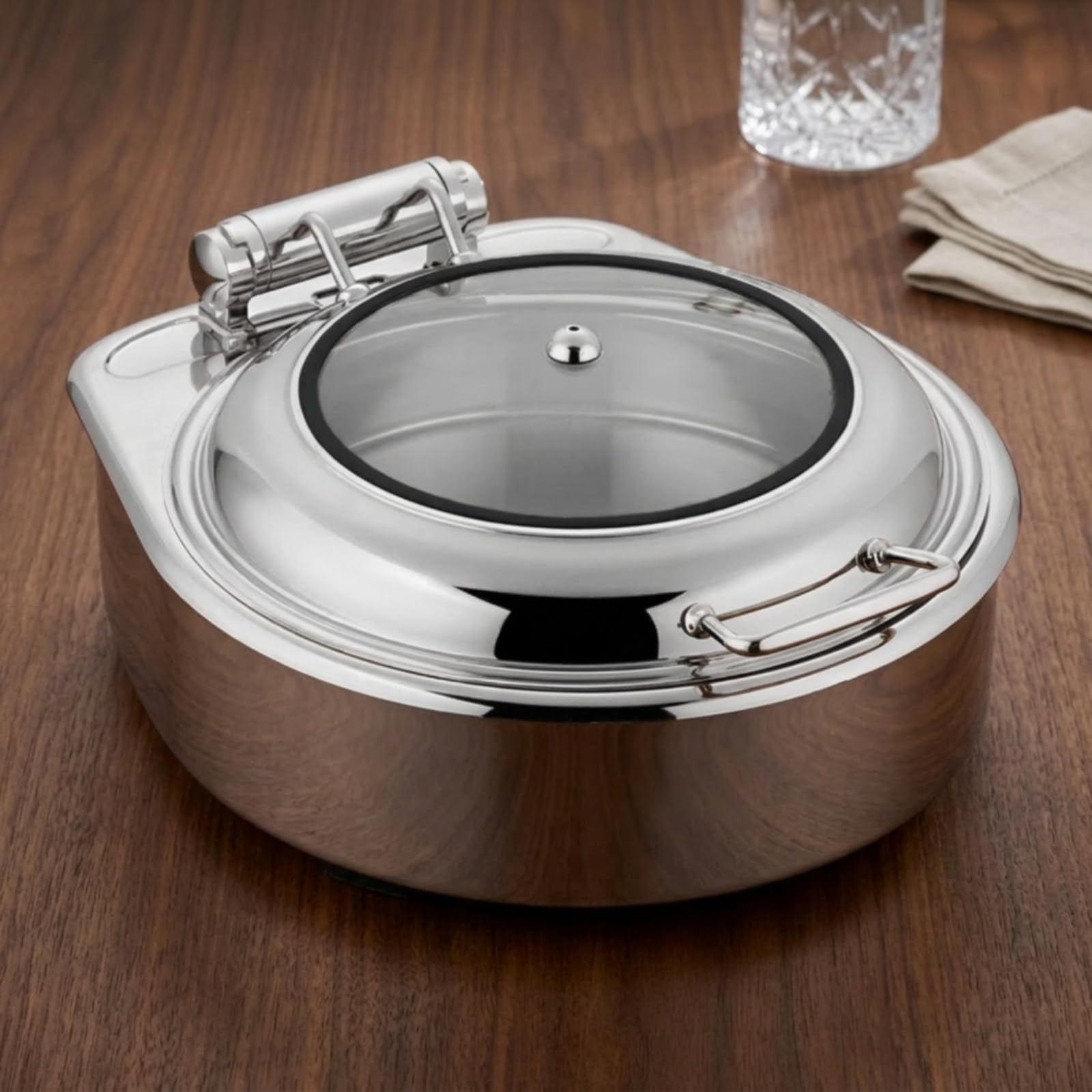 predolo Scaldavivande con Coperchio in Vetro Professionale Scaldavivande in Acciaio Inox da Tavolo Chafing Dish per Catering, Rotondo, Con Telaio Di Lusso Riscaldamento Elettrico, Scomparto Singolo