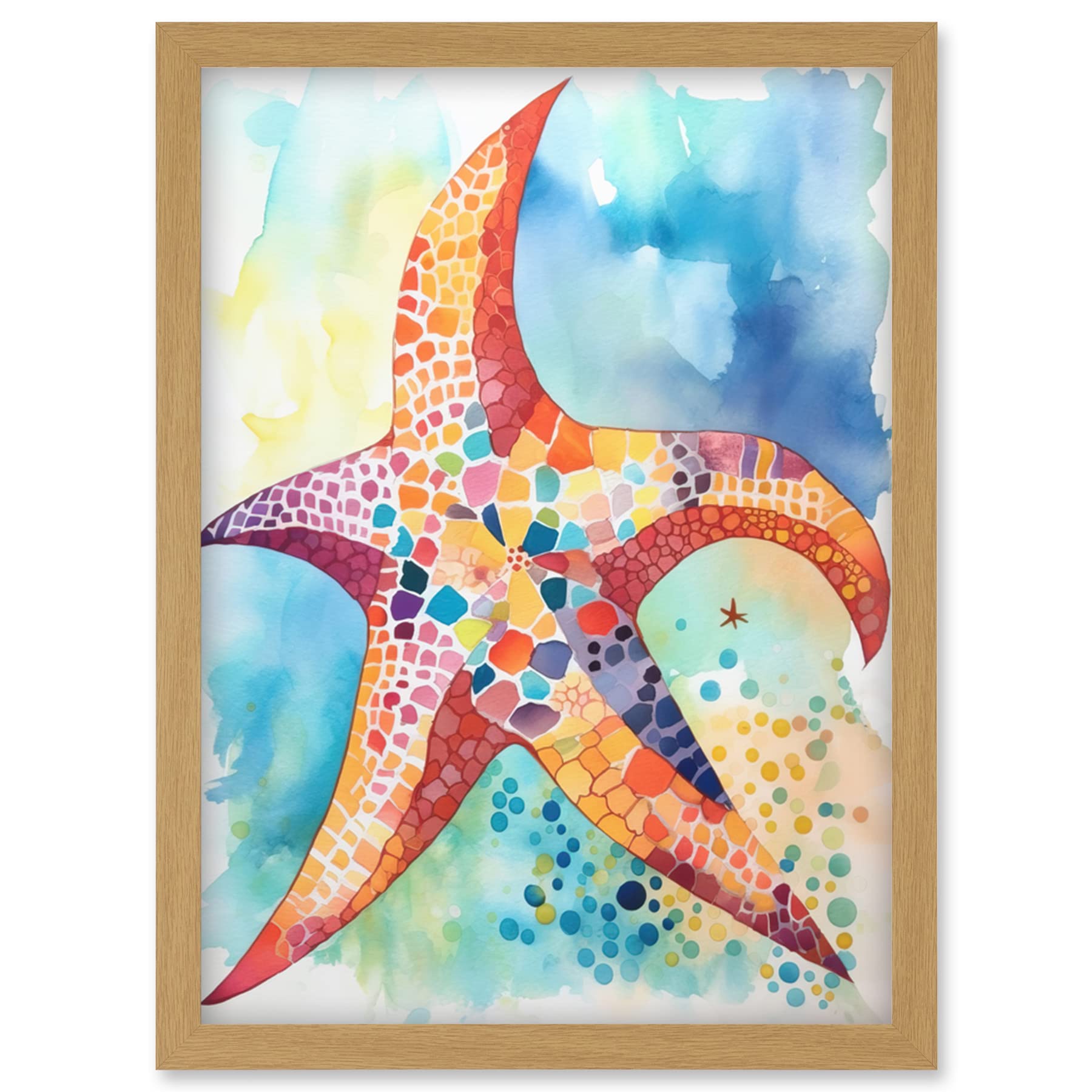 Artery8 Abstract Mosaic Starfish Folk Art Artwork Framed Wall Art Print A4