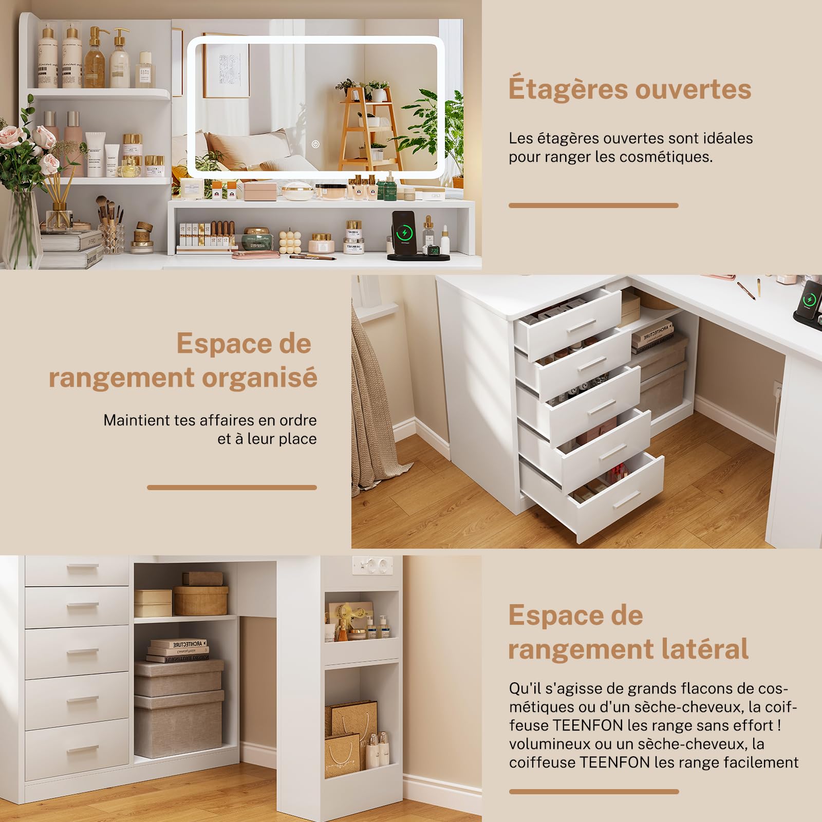 TEENFON Grande Coiffeuse, Coiffeuse avec Miroir LED et Prise, 3 Modes de Couleur, Luminosité Réglable，Blanc，,5 Tiroirs, 3 Étagères Ouvertes et Rangement Latéral