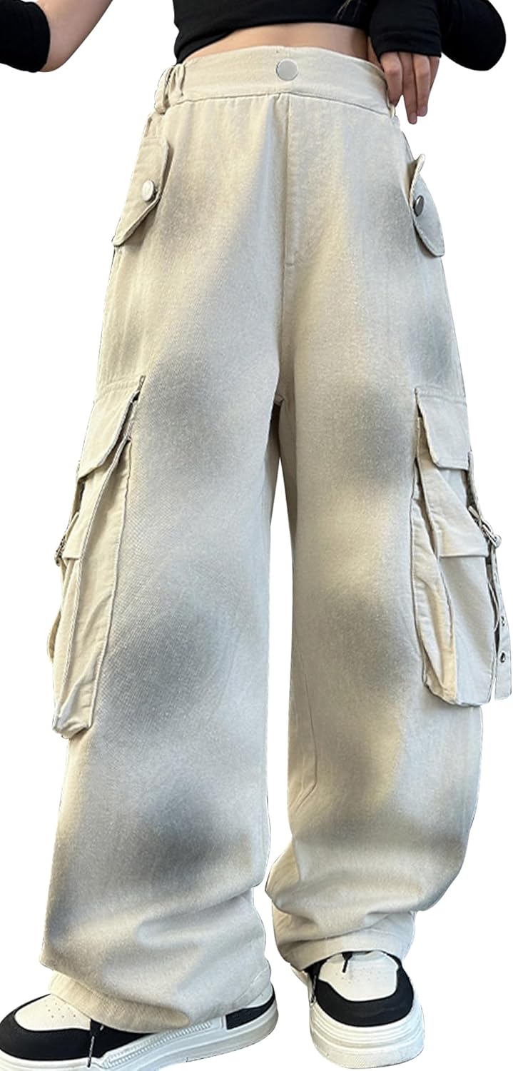 Panegy Girls Baggy Cargo Pants Elastic Waist Wide Leg Trousers with Pockets Y2K Casual Streetwear 3-14 Years