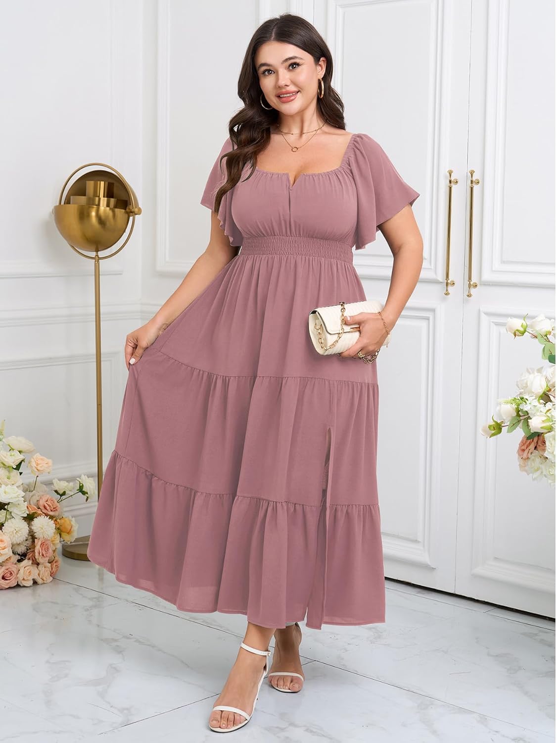 SCOMCHIC Womens Plus Size Maxi Dress Formal Short Sleeve Square Neck Smocked Side Split Flowy A Line Tiered Long Dress - Image 7