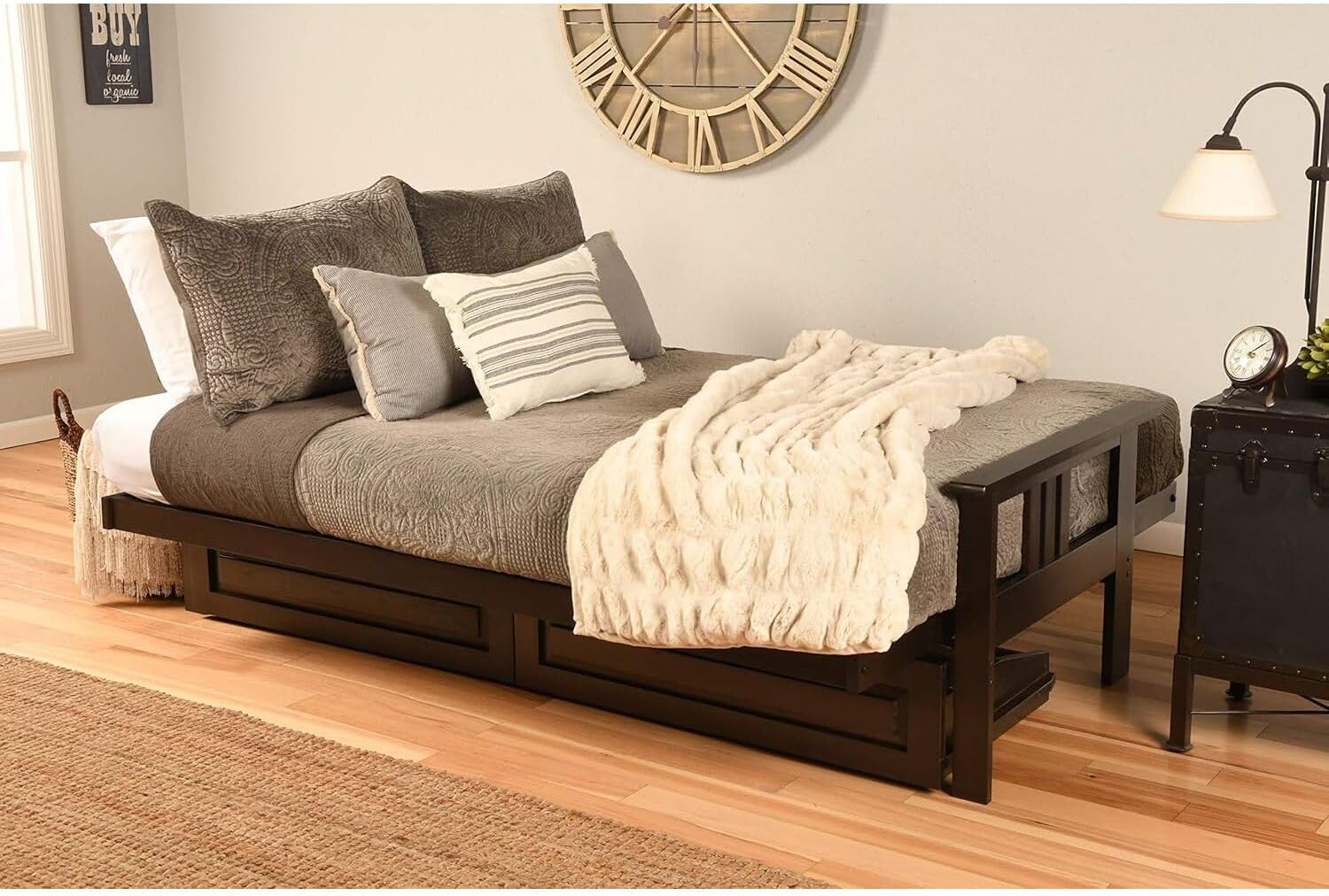 Maykoosh Queen Futon Frame Set with Mattress & Storage Drawers - Wood Foldable Sofa Bed Espresso/Suede Blue