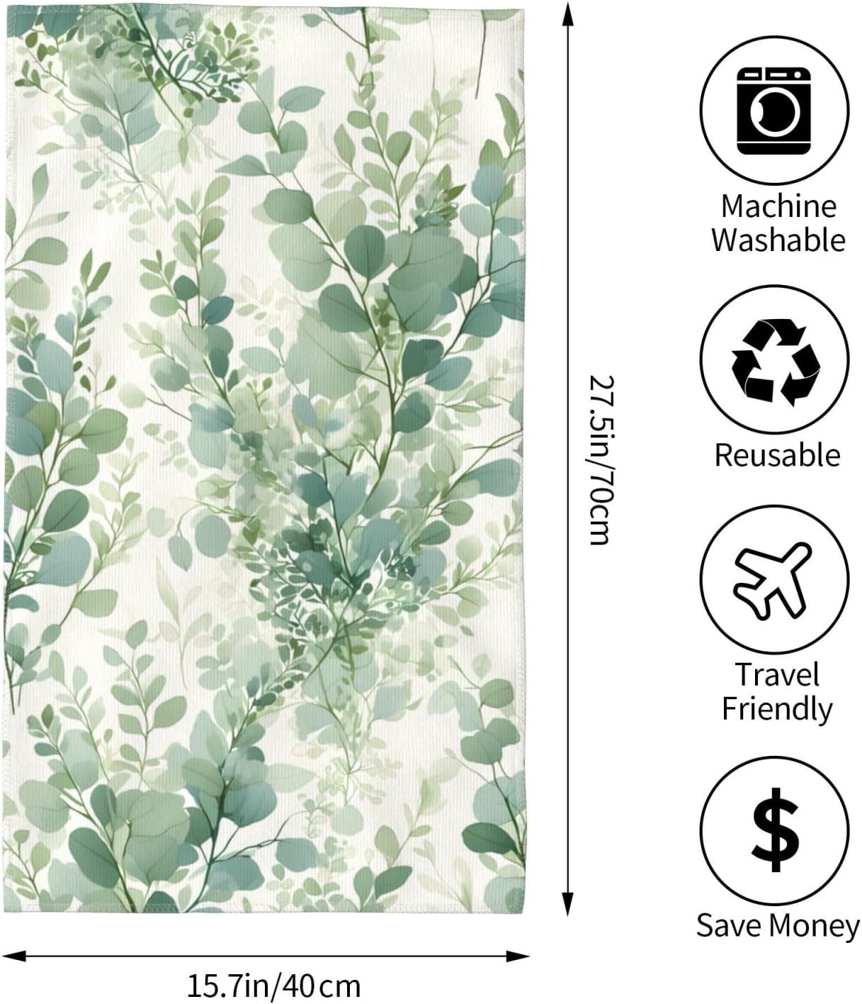 Watercolor Sage Green Eucalyptus Leaves Plant Hand Towels for Bathroom Set of 2, 14x28 Inch Kitchen Towels Decor, Absorbent Soft - Image 2