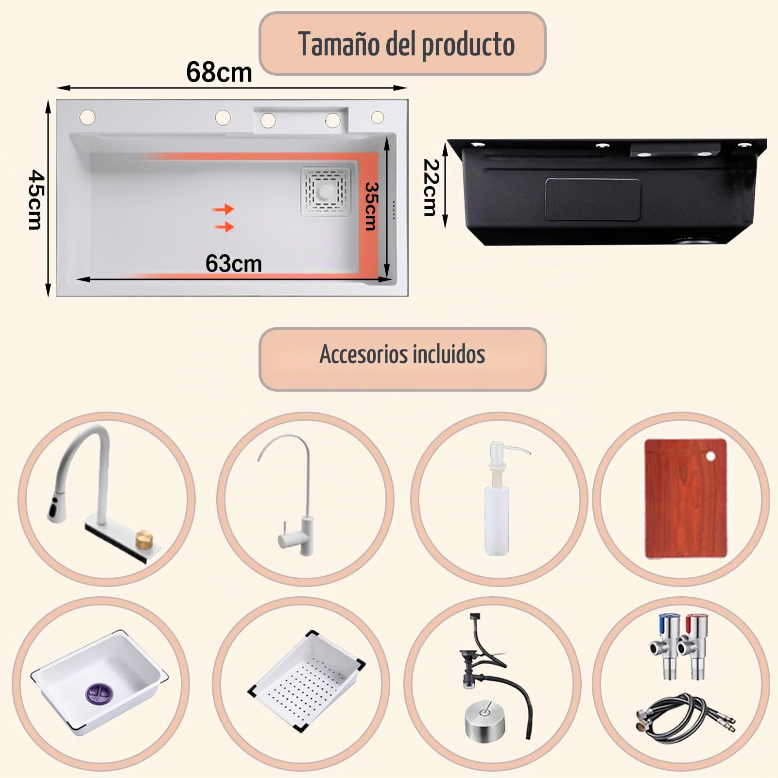 Fregadero de cocina blanco Fregadero de acero inoxidable Fregadero para el hogar Fregadero de cocina de una estación de trabajo con grifo extraíble y varios accesorios (Blanco,68 * 45 * 22CM)