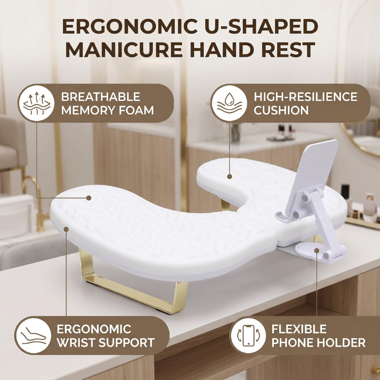 Reposabrazos para Uñas en Forma de U Soporte Ergonómico y Transpirable con Cojín de Espuma Viscoelástica Impermeable Accesorio Profesional para Mesa de Manicura