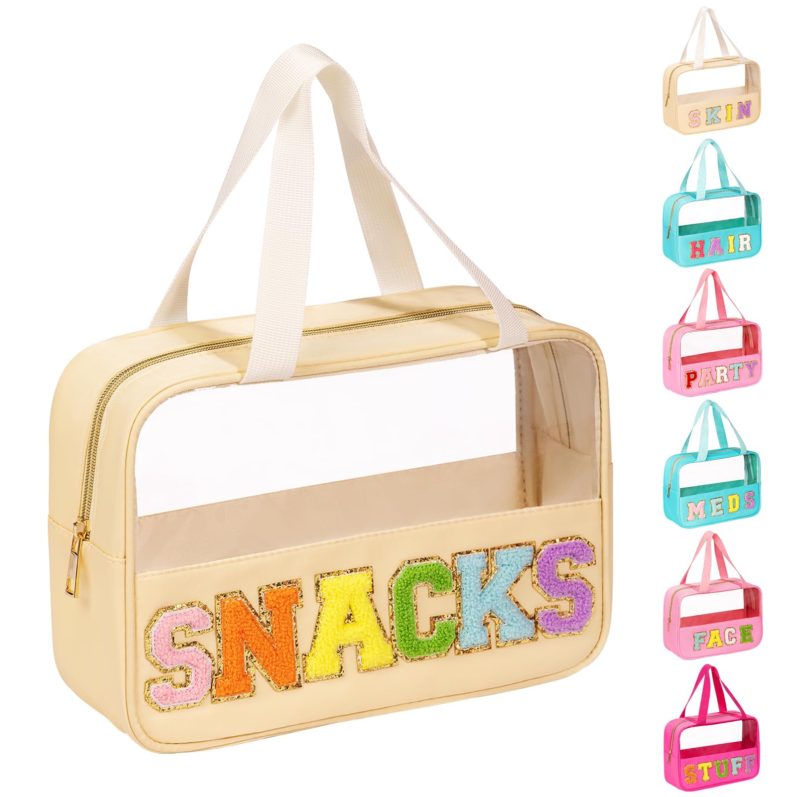 eurovicky Chenille Letter Patch Clear Makeup Bag, Preppy PVC&Nylon Makeup Bag with Handle and Zipper, Waterproof Large Clear Travel Toiletry Bag