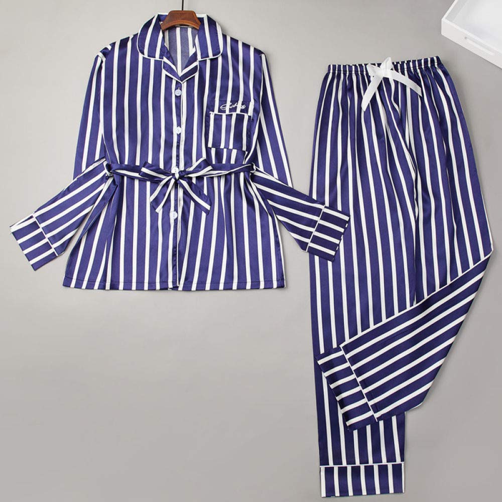 Ensembles De Pyjama Femme,Revers Bleu Rayures Polyester À Manches Longues Ensemble De Vêtements De Nuit Femmes Pyjama Deux Pièces Doux avec Ceinture Cadeau De Détente pour Femme Petite Amie Mama