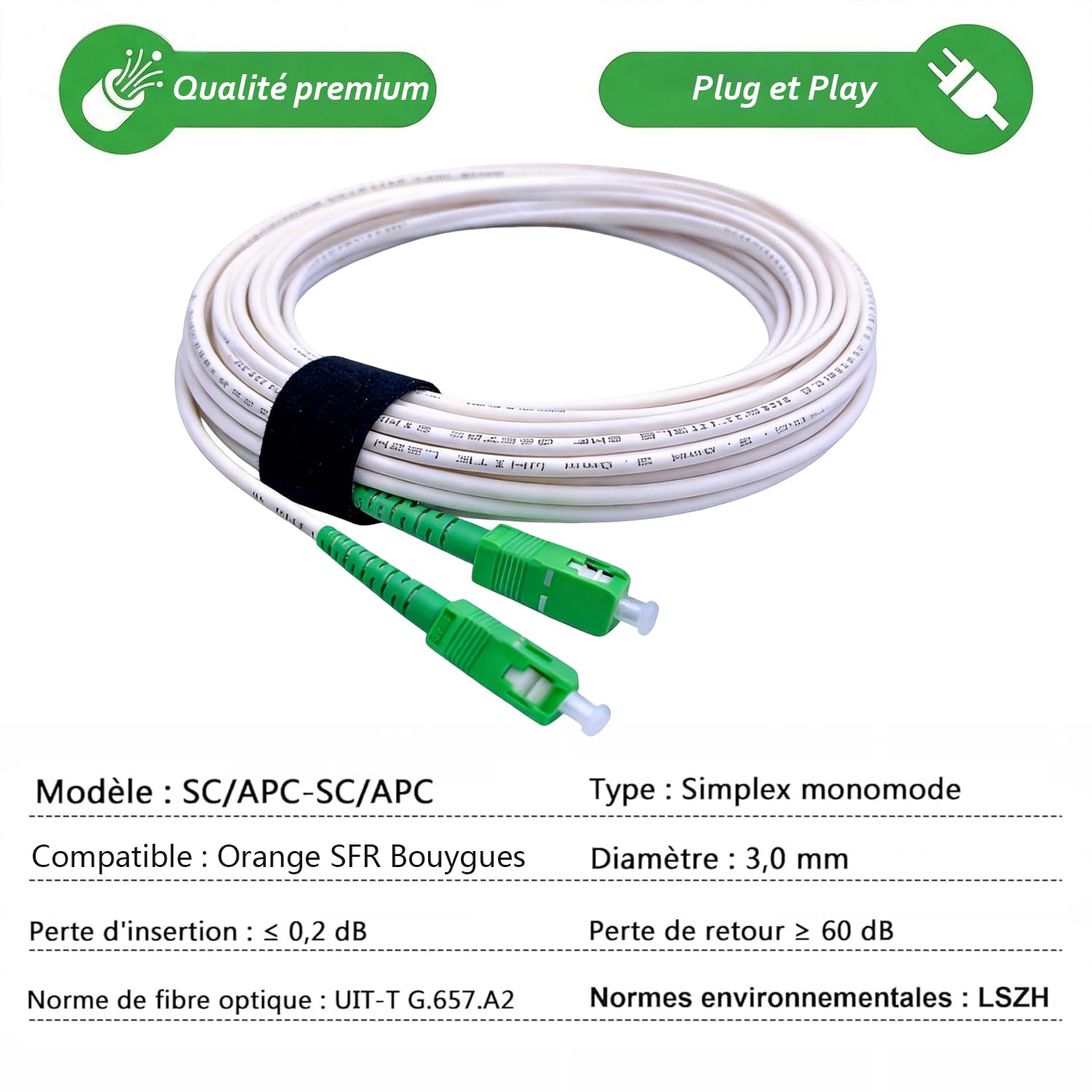 Elfcam® - Kabel światłowodowy/przedłużacz (Orange SFR Bouygues) - Pojedyncza podwiązka SC-APC do SC-APC - Wzmocniona osłona i złącze - Bardzo niezawodne straty - Biały, 15M