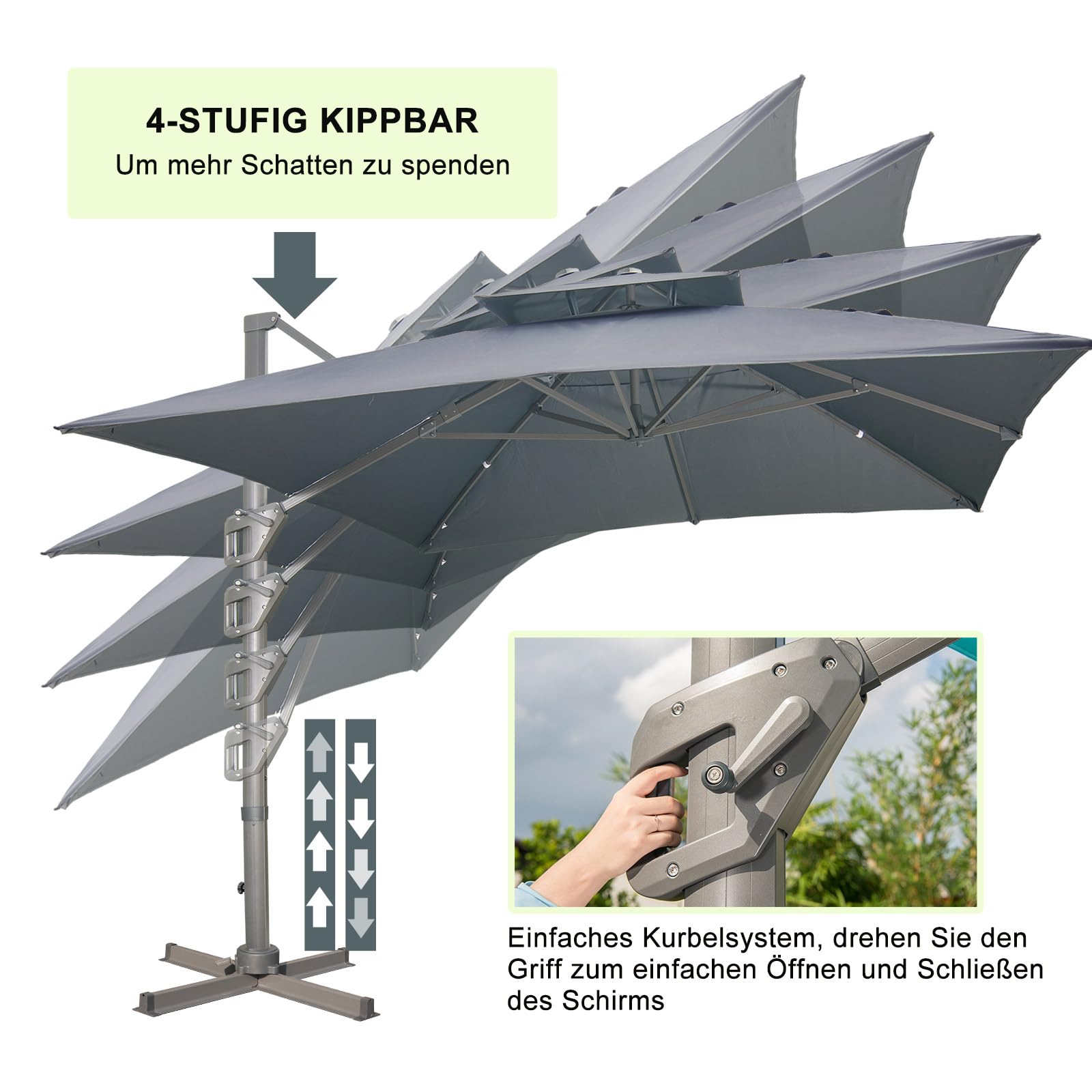 LKINBO Sonnenschirm 300 x 400 cm Rechteckig mit Ständer und Kurbel, Groß Ampelschirm Terrassenschirm 360°Drehbar Parasol Windfest Gartenschirm Wasserdicht Marktschirm für Garten Deck Outdoor, Grau