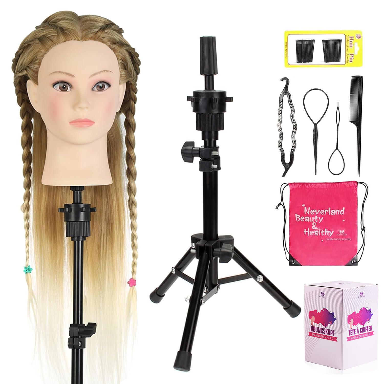 Mannequin Head with Hair with Tripod Stand - 28" Cosmetology Mannequin Head with Stand, Doll Head for Hair Styling Braiding Practice Manikin Head with