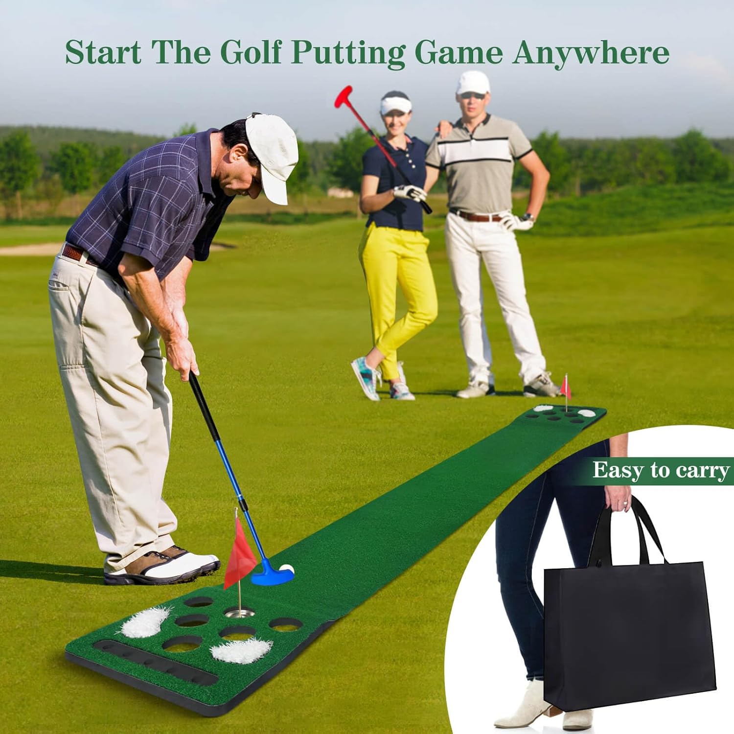 Golf Putting Game Set, Golf Putting Green Mat with 4 Balls, 2 Cups & Flags, 1 Portable Bag for Outdoor & Indoor Party Game