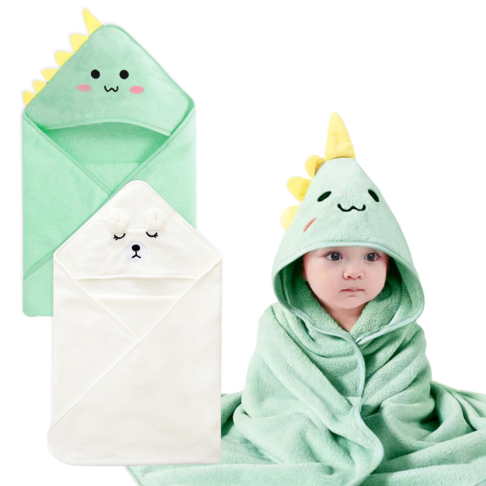 YJSDDNTY 2pcs Kapuzenhandtuch für Baby, 80 X 80 cm Kapuzenhandtuch für Babys,Grüne Dinosaurier Handtücher,Weich Super Saugfähig,niedliche Tier-Form, für Babybaden Unisex(Dinosaurier grün + weißer Bär