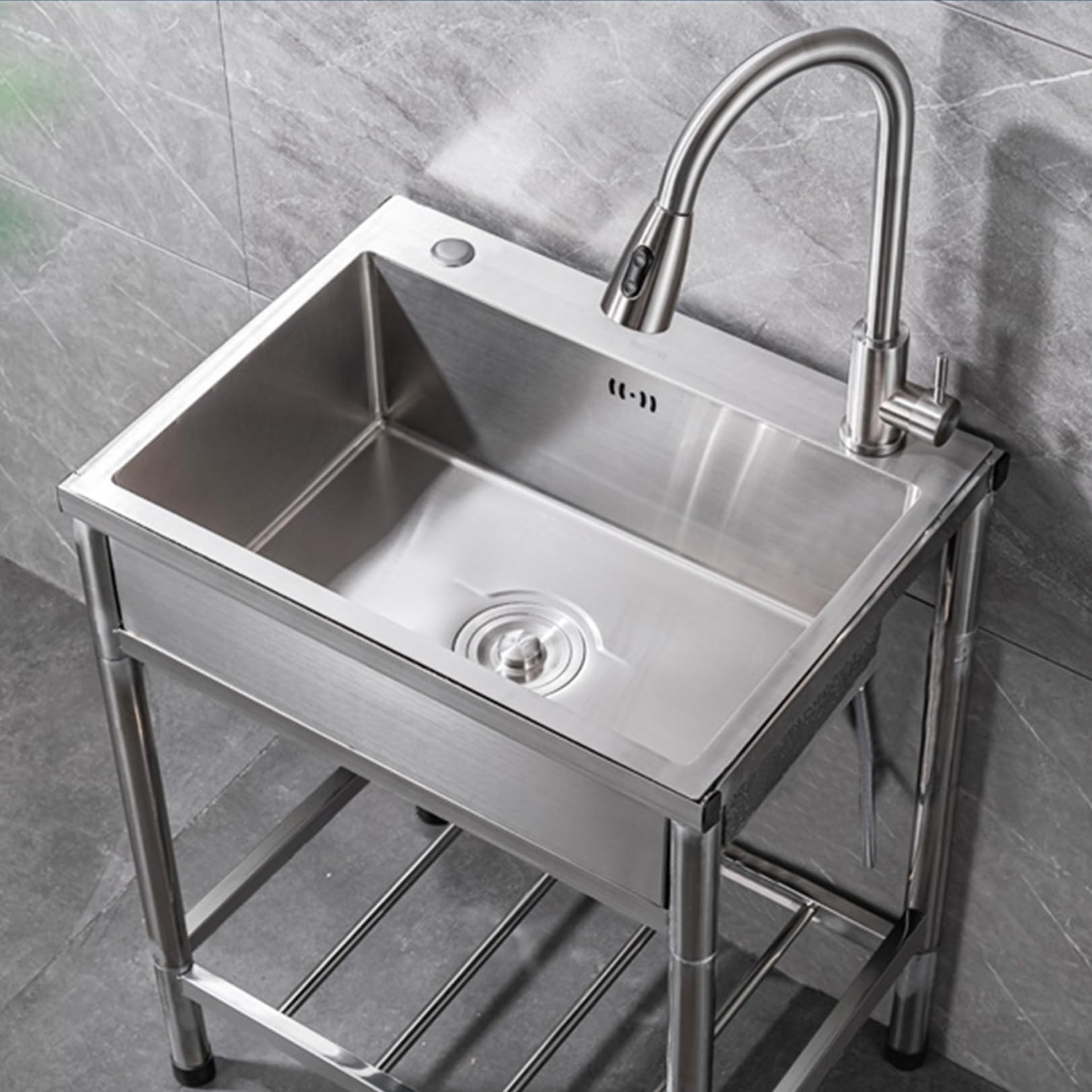 Fregadero utilitario de acero inoxidable, fregadero de cocina móvil con estante de almacenamiento, independiente para exteriores, grifo de 360° extensible, lavabo multifuncional para interiores.