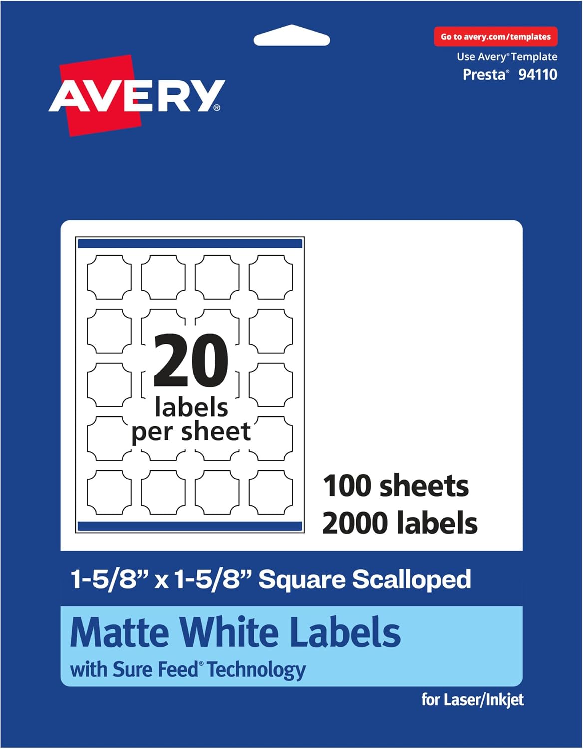 Avery Matte White Square Scalloped Labels, Sure Feed Technology, 1-5/8" x 1-5/8", 2,000 Matte White Printable Labels