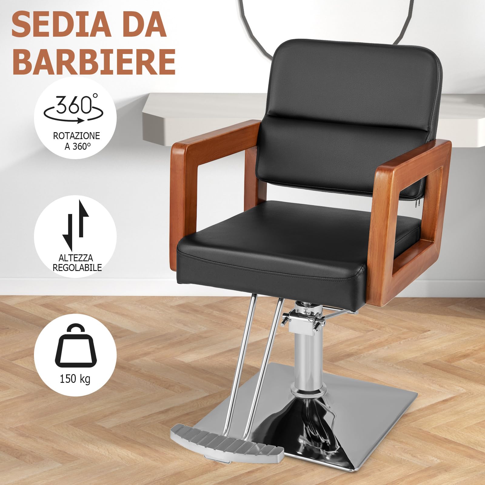 COSTWAY Poltrona da Barbiere, Sedia da Barbiere Girevole a 360°, Regolabile in Altezza 50-65 cm, con Braccioli in Legno Massello, Portata 250 kg