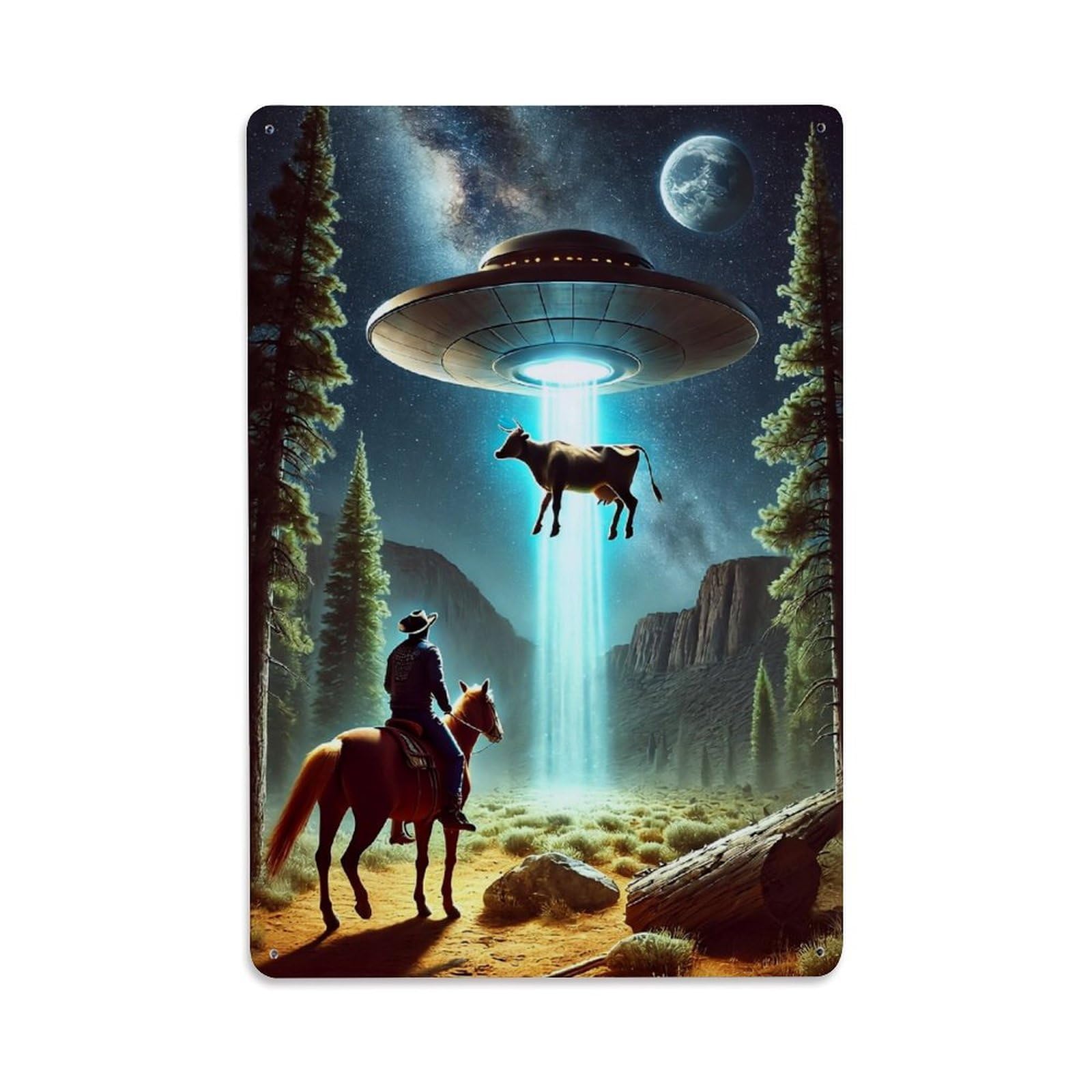 Nestemfo Vintage Ufo Abducting Cow In Forest Tin Sign Metal Sign, Living Room,Bar, Home, Bedroom Wall Decor,Retro Metal Poster 8X12 Inches
