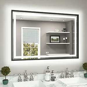 TETOTE 48 x 32 Bathroom LED Mirror Brushed Black Metal Frame Frontlit & Backlit Vanity Stepless Dimmable Anti-Fog 3 Colors White/Warm/Natural Light up Vanity Mirror Wall-Mounted