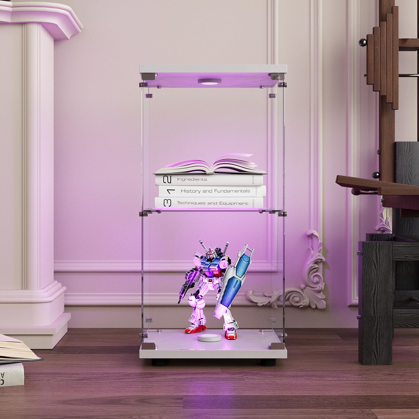 Vitrina de cristal moderna, vitrina de colección, de pie, color blanco, estrecha, vitrina de esquina, vitrina de cristal con cerradura (blanco, 1 puerta, 2 capas LED)