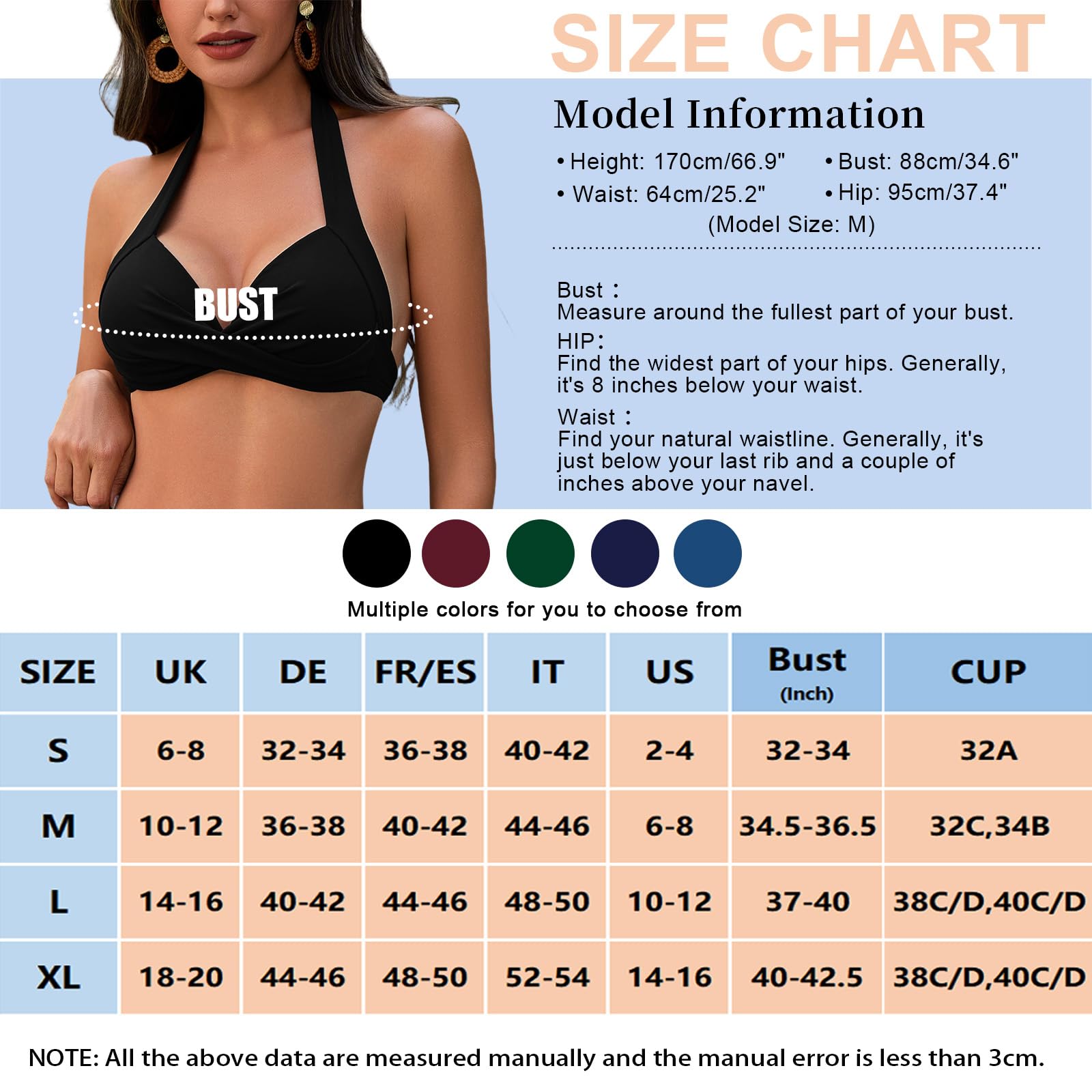Parte Superior de Bikini para Mujer Triángulo Top de bañador con Cuello en V y Lazo en la Espalda Top de Bikini Clásico Push Up