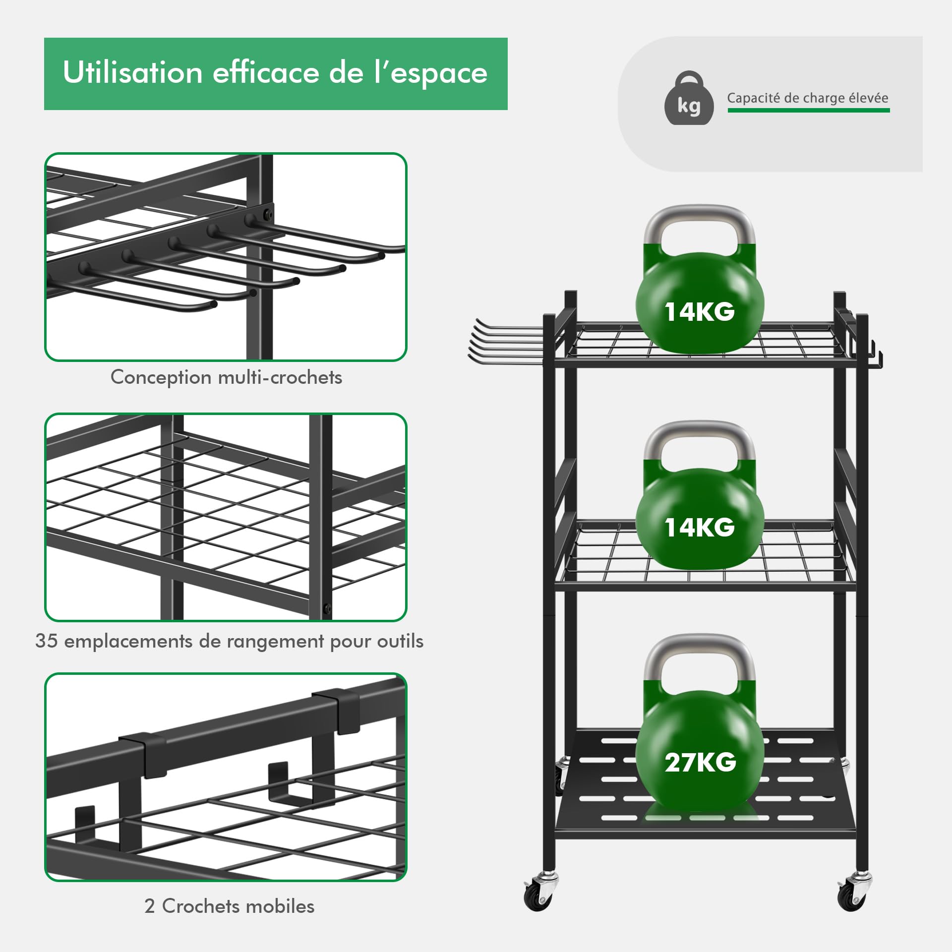 Mimoke Étagère à outils de jardin avec crochets mobiles et roulettes verrouillables – Rangement facile des accessoires d'outils dans le jardin, le garage grâce aux roues pivotantes à 360°