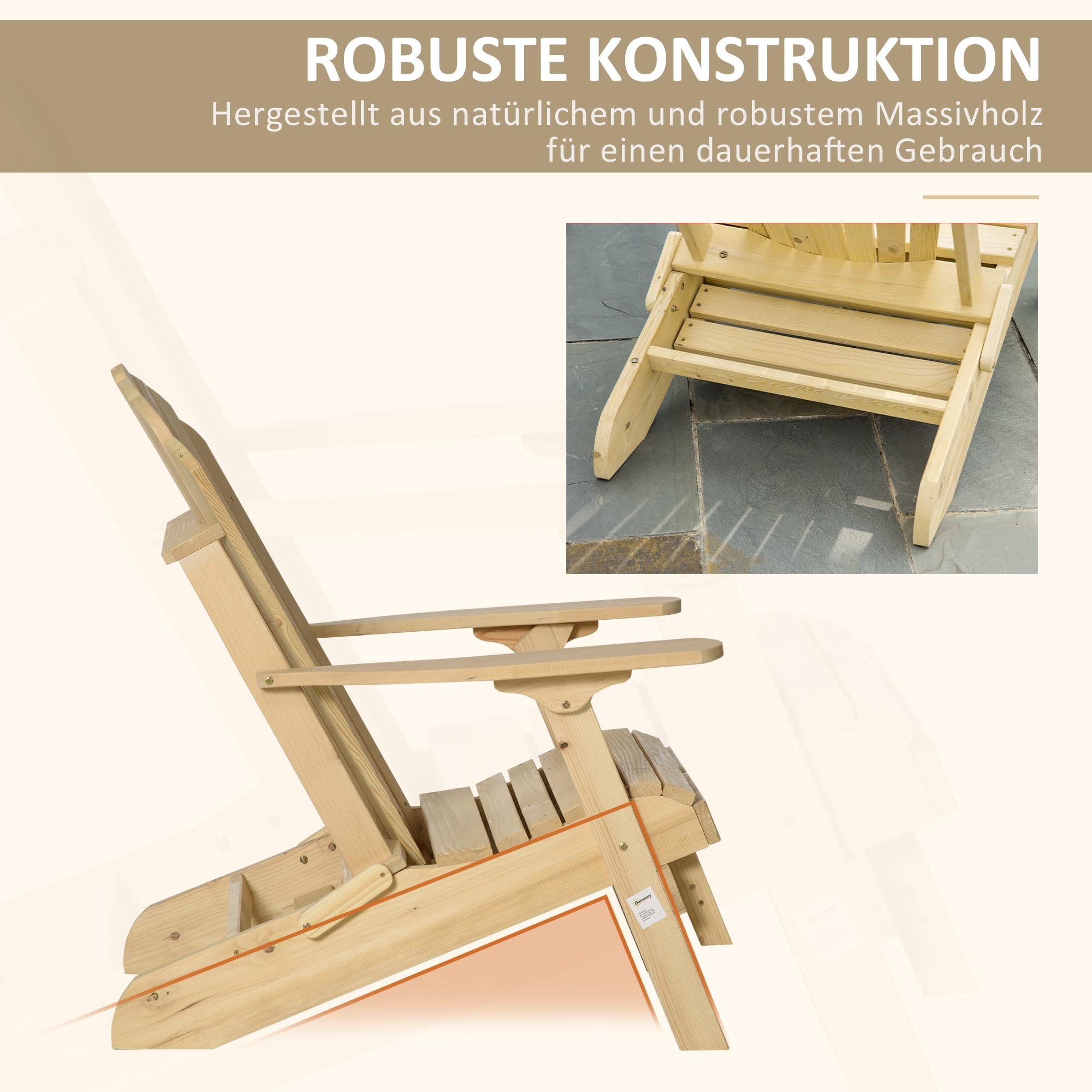 Outsunny Adirondack Stuhl Klappbar Adirondack Chair aus Holz Outdoor Gartenstuhl mit Fußstütze Hoher Rücken- und Armlehnen Balkonstuhl Gartensessel für Garten, Balkon 78 x 140 x 94cm Natur