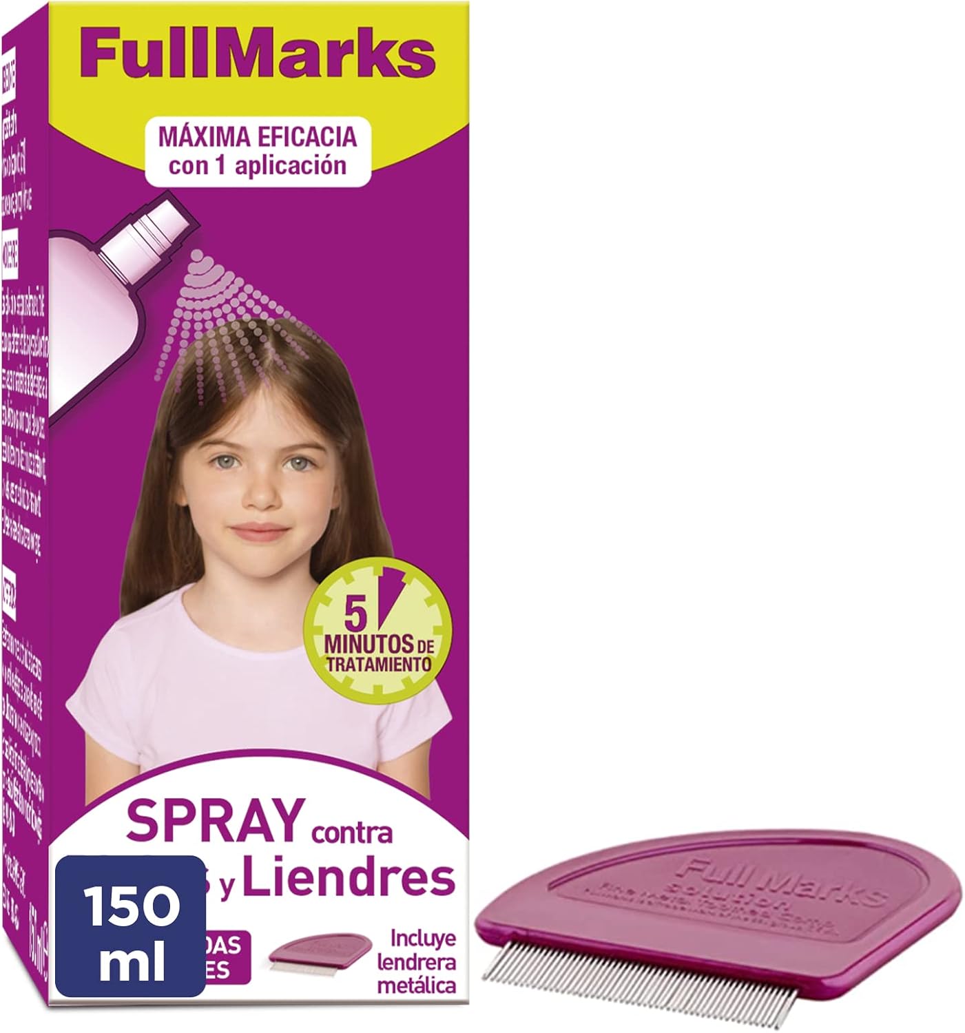 Full Marks Spray Antipiojos para Niños con Lendrera Metálica, Sin Pesticidas, Inoloro e Incoloro - Spray 150 ml