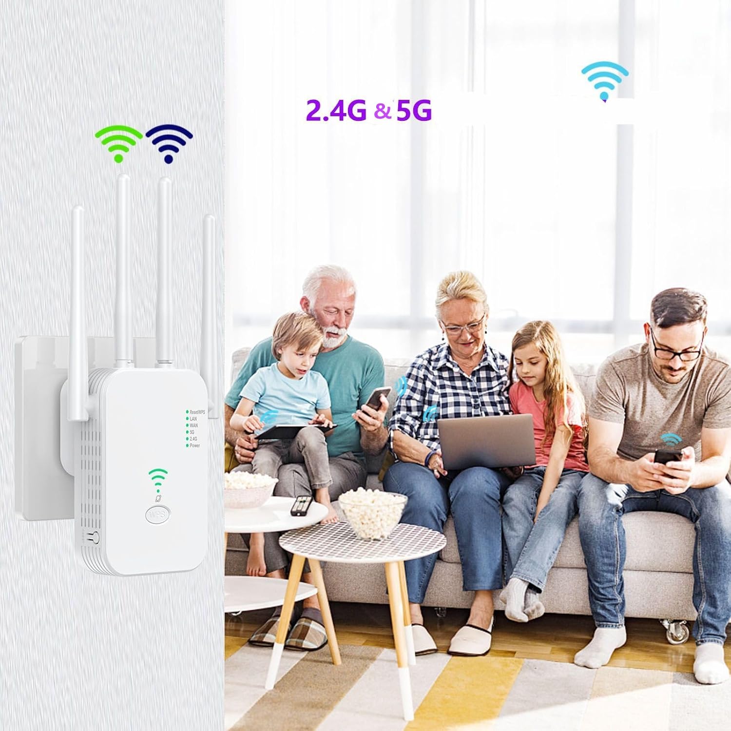Family using devices with 2.4G and 5G WiFi signals from the extender
