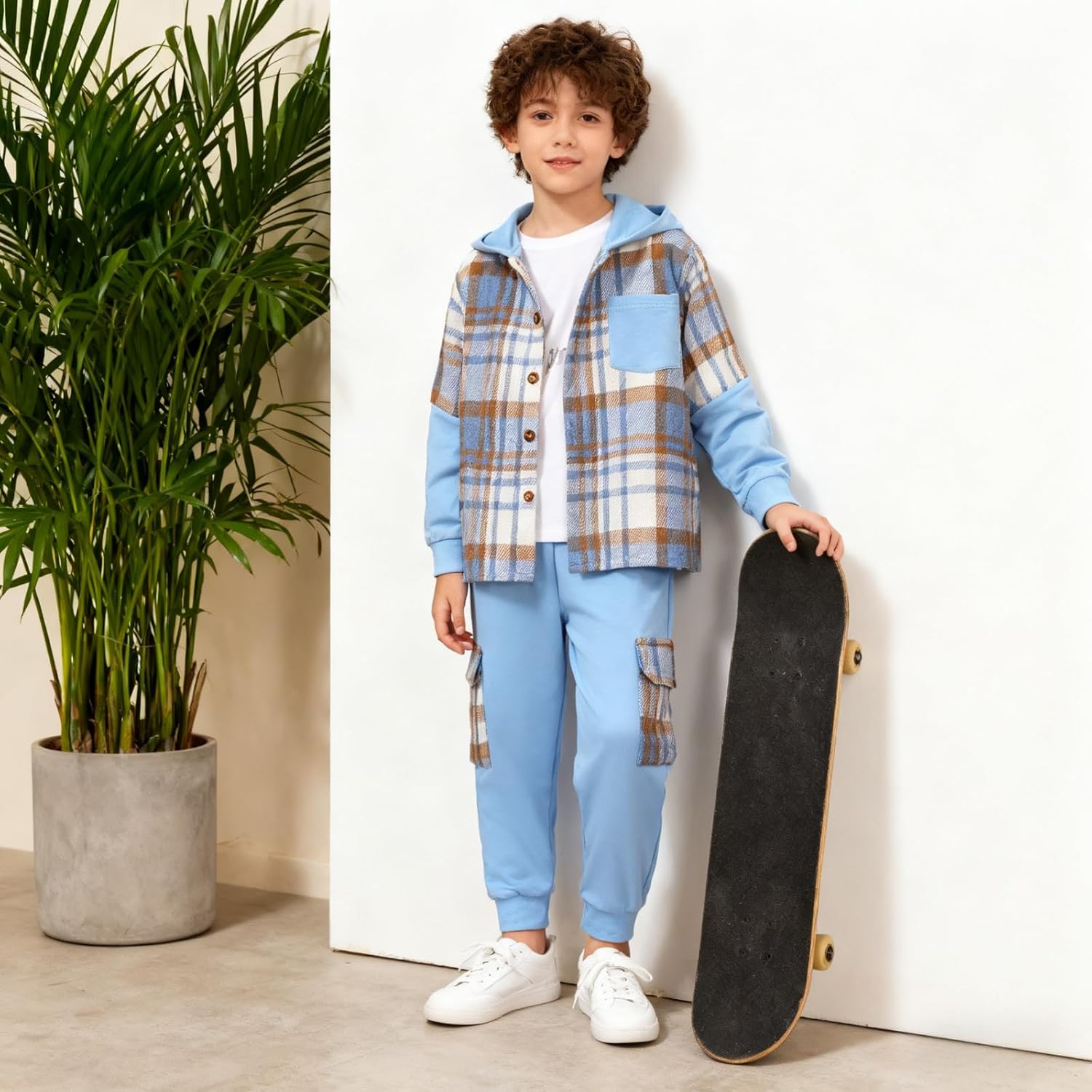 Size 4-11 Years Boys Clothes Flannel Plaid Shirt Hooded Sweatshirt & Pants 3PCS Kids Boys Fall Winter Outfits Sets - Image 3