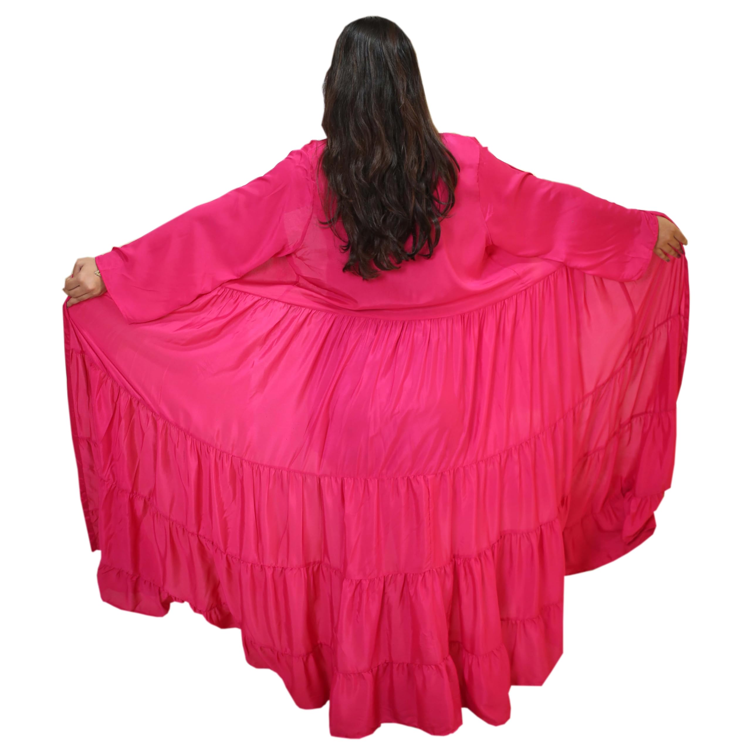 nre fashion Hot Pink Georgette Kaftan Dress for Women | Long Flowy Open Front Kimono Cardigan | Stylish Beach Cover Up with Tiered Ruffle Design | Lightweight Casual Floor Length Shrug-picture-55