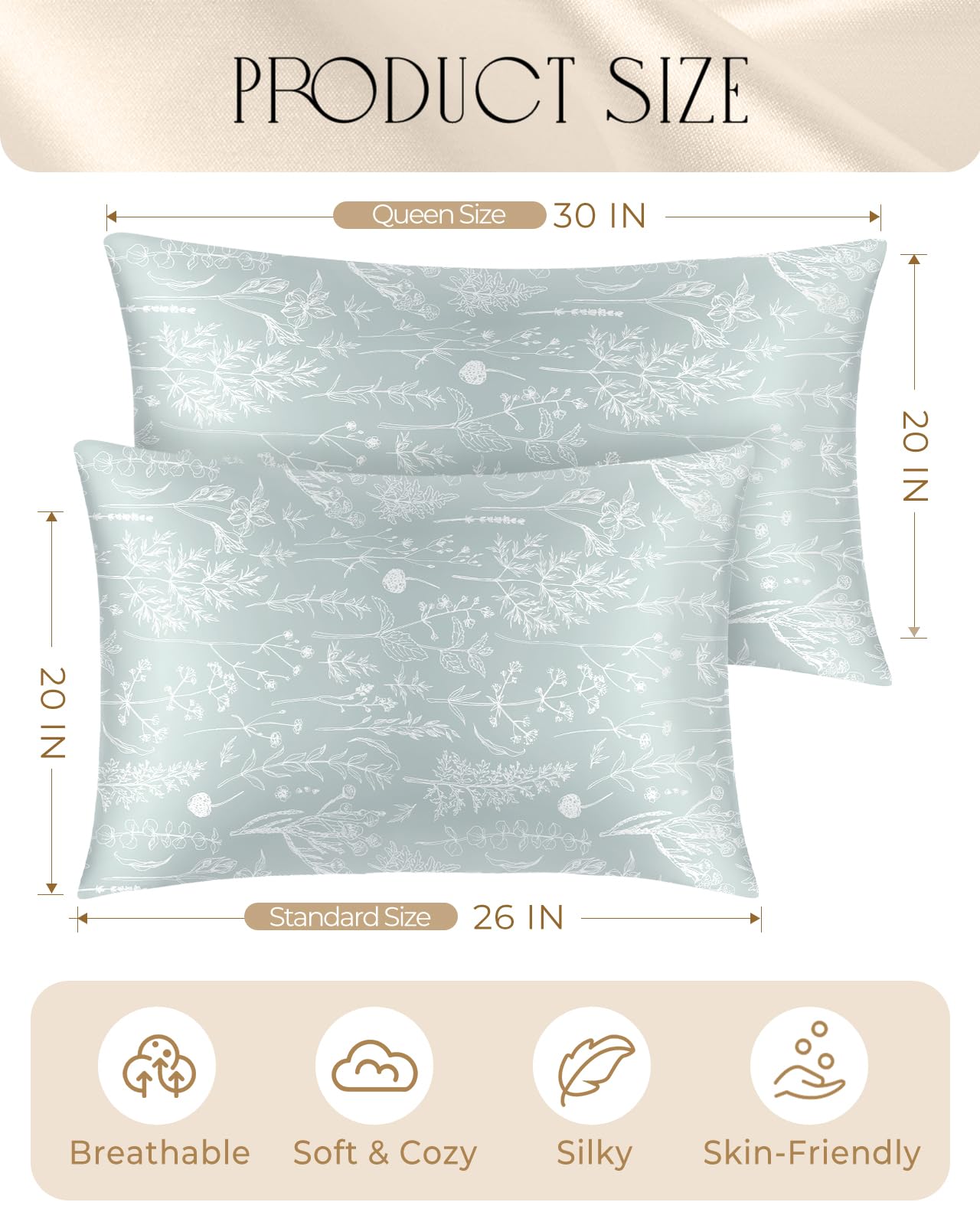 Miss Adola 2 Pack Silk Pillow Case for Hair and Skin Standard Size 26"x20" Floral Plants Sage Green Silk Pillowcase Soft Smooth Cooling Satin Pillow Case Set Sleeping Gifts for Women Girl - Image 2