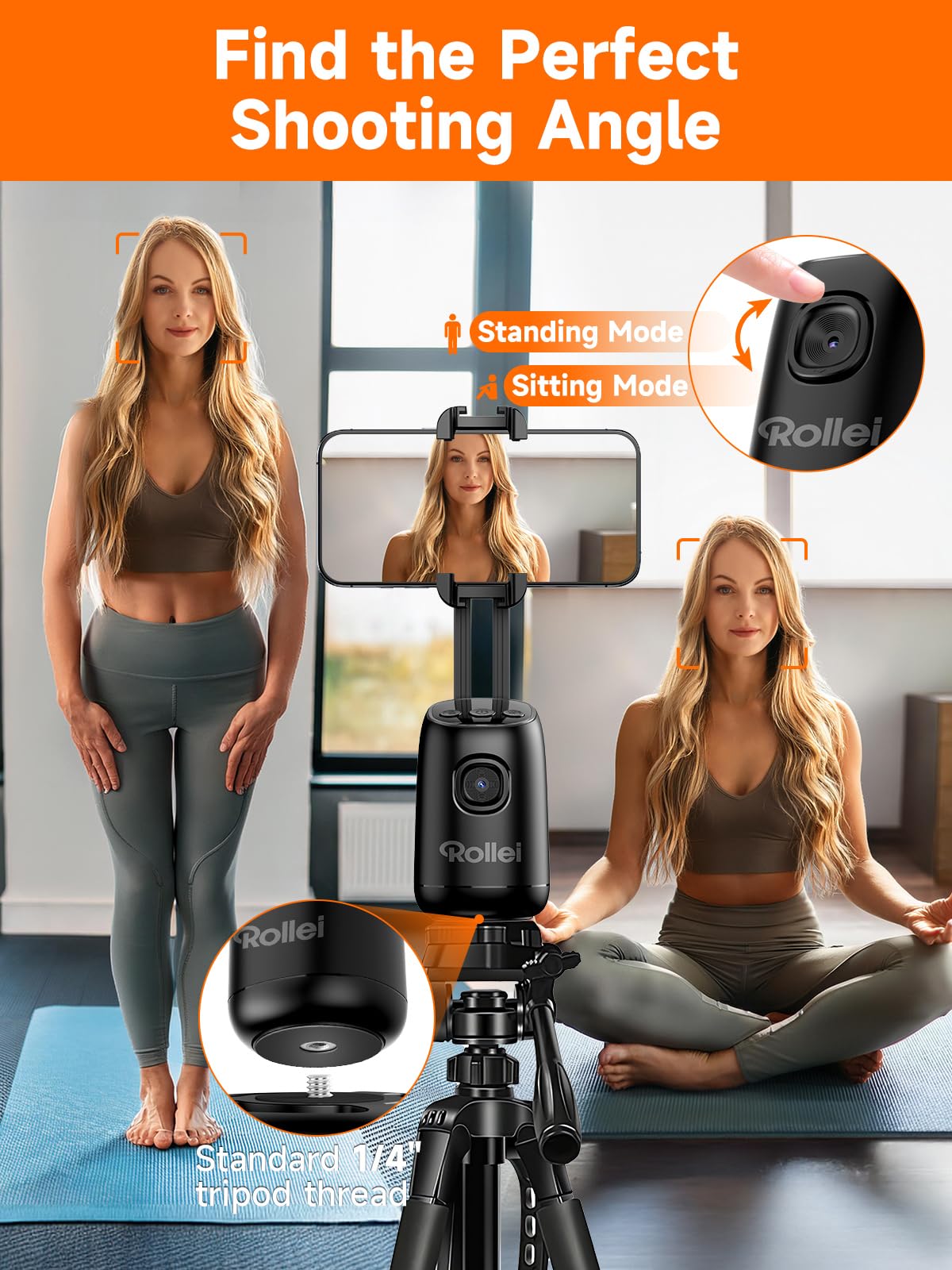 Rollei Easy Creator Desktop z AI Tracking, automatyczne śledzenie twarzy, statyw 360, stabilizator wideo z wbudowaną baterią do Tiktok Live Streaming, statyw do telefonu komórkowego, trójnóg
