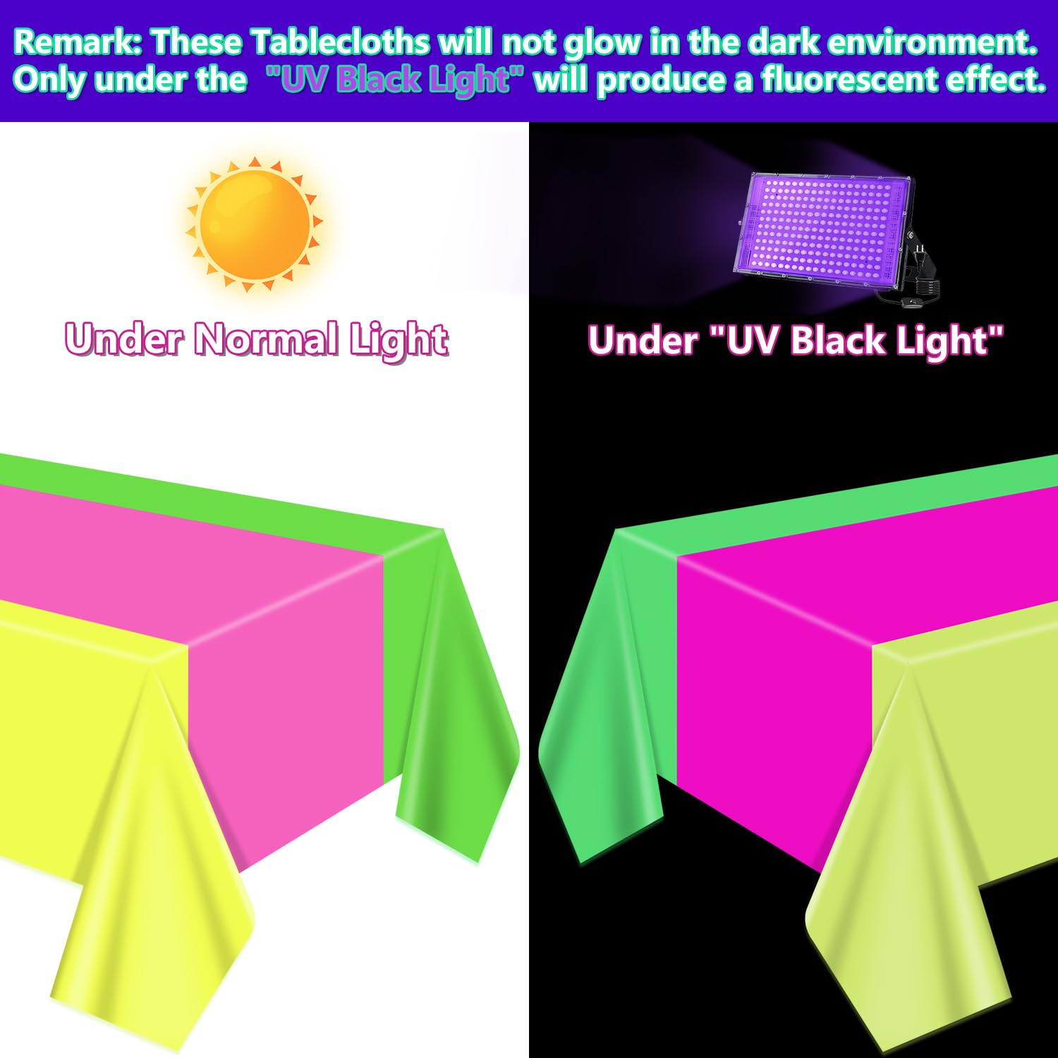 APUXXJUPA 4 Pcs Neon Table Cloths - 130 x 220 cm Glow in The Dark Table Cloths for Neon Party Decorations Glow Party Supplies, 2 style - Image 4