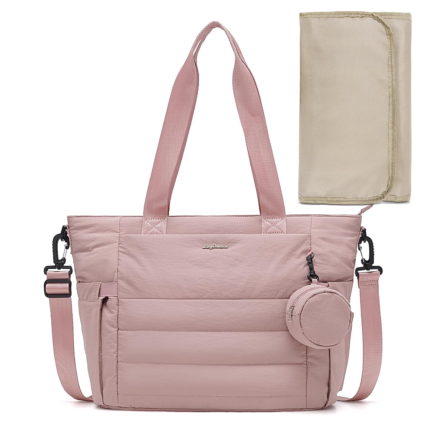 LONG VACATION Diaper Bag Tote Large Baby Diaper Tote Waterproof Travel Tote with Pacifier Case And Changing Pad (Pink)