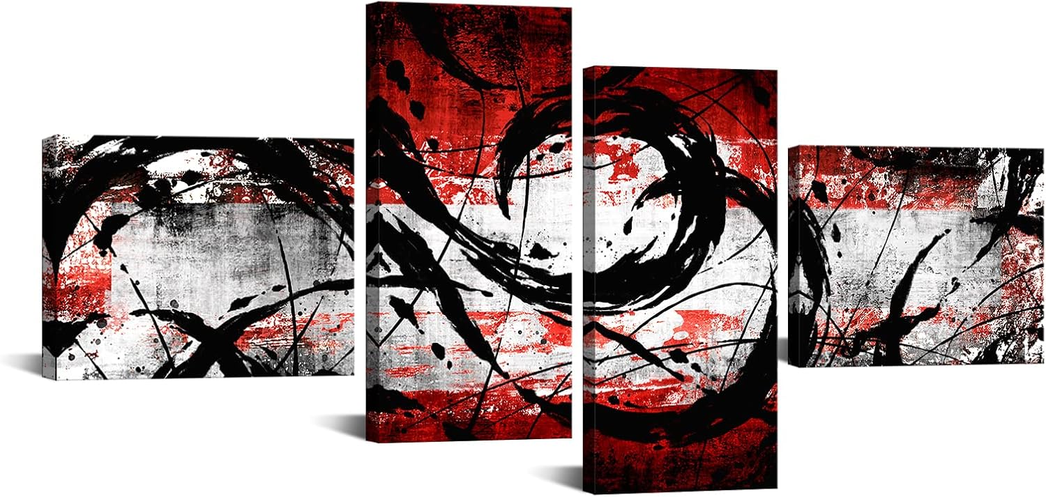 KREATIVE ARTS 4 Panel Black and Red Wall Art Canvas Print Modern Abstract Painting for Home Stair Wall Decor L68xH32inch