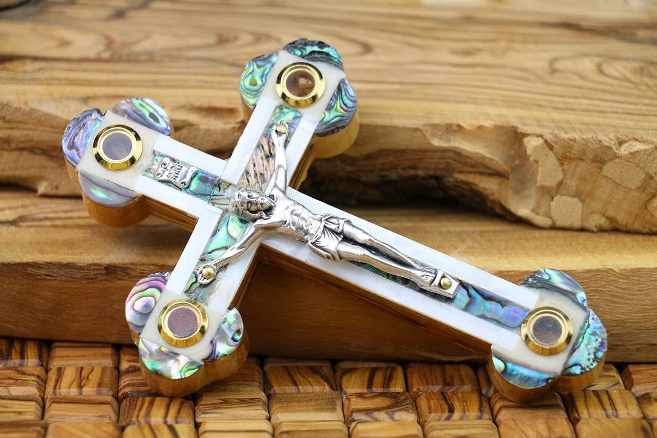 Mother of Pearl Crucifix Olive Wood Jerusalem Cross Handmade Holy land Wall