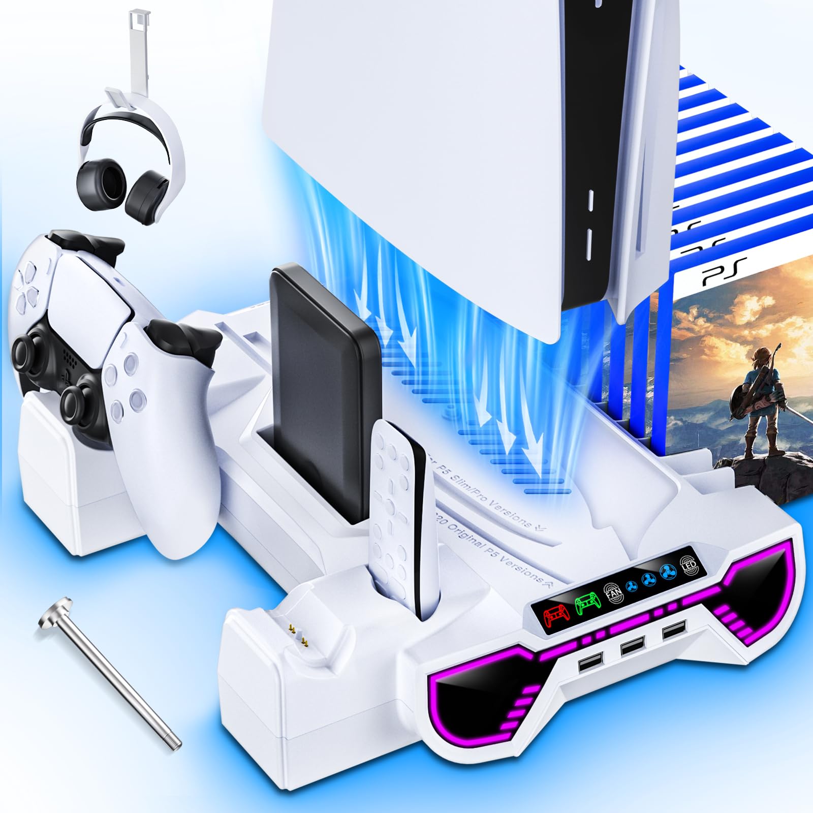PS5 Slim Pro Cooling Station and Controller Charging Station with LED Stand for PlayStation 5 Console - PS5
