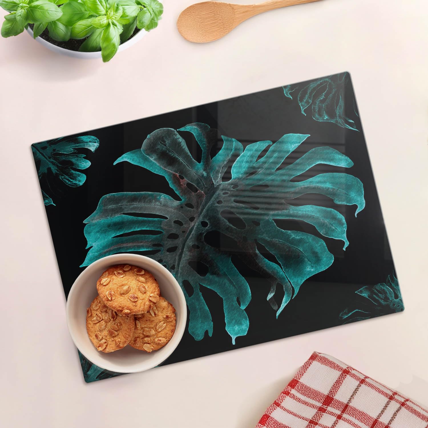 Multifunzione: Tagliere in vetro e coperchio 40x30 cm Foglia tropicale