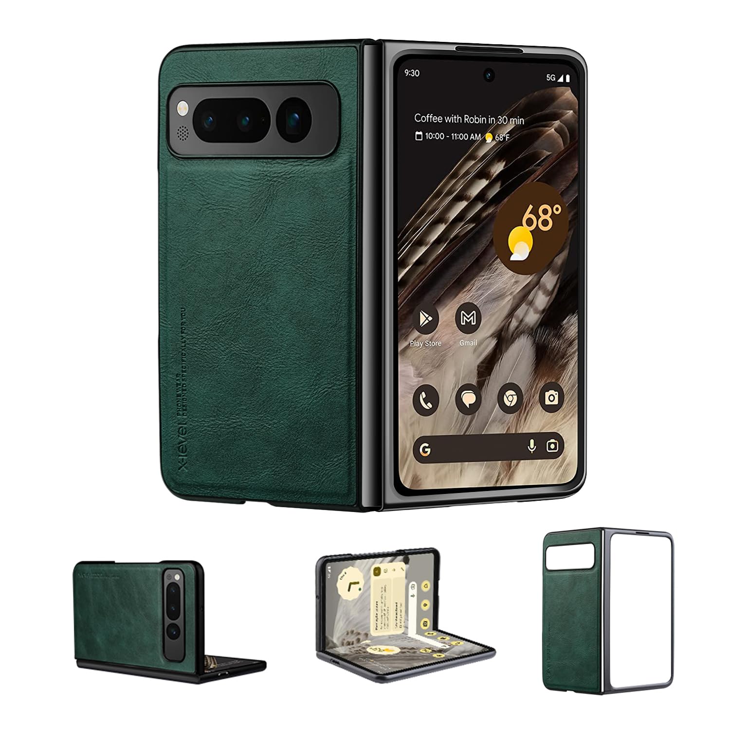 X-LevelGoogle Pixel Fold Case, Thin Slim Premium PU Leather Phone Cover Bumper Shockproof Protection Cover Folding Phone Case for Google Pixel Fold 5G 2023-Green