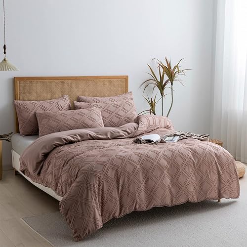 Miniatura 3 de JELLYMONI Juego de funda de edredón rosa, talla individual, 3 piezas, microfibra, estilo capitoné, texturado, bohemio, patrón geométrico de rombos