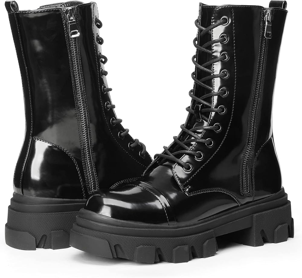 DREAM PAIRS Women's Combat Boots Lace up Mid Calf Boots Low Heel Chunky Platform Lug Sole Riding Boots