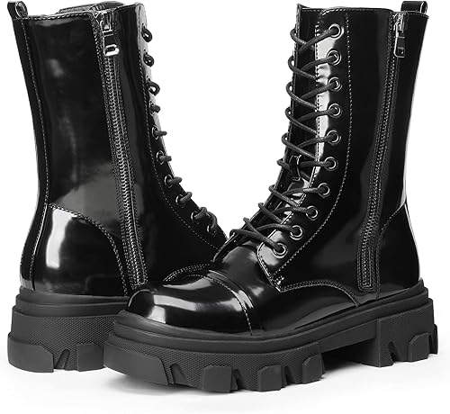 Miniatura 6 de DREAM PAIRS Botas de combate para mujer, con cordones, a media pantorrilla, tacón bajo, plataforma gruesa, suela de lengüeta, botas de equitación