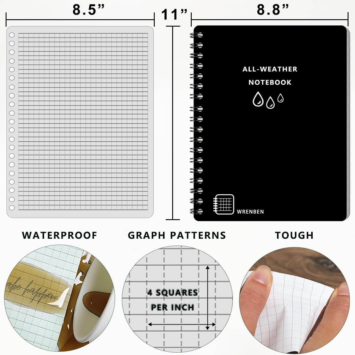 Waterproof Spiral Notebooks 8.5"x11", Universal Grid, Black Cover, 1PCS image 4
