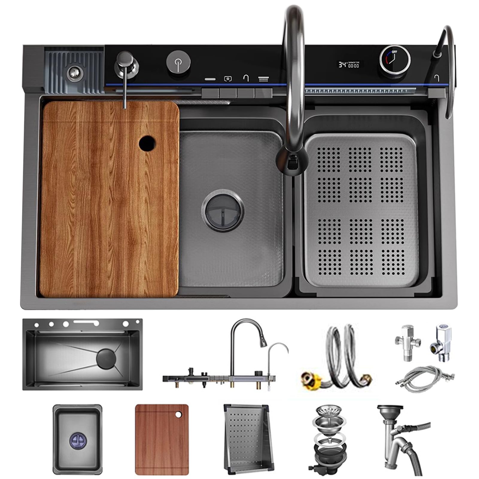 WIQUYBML 304 Stainless Steel Kitchen Sink Versatile Single-Bowl Workstation Waterfall Pull-Down Faucet And Complete Accessory Set