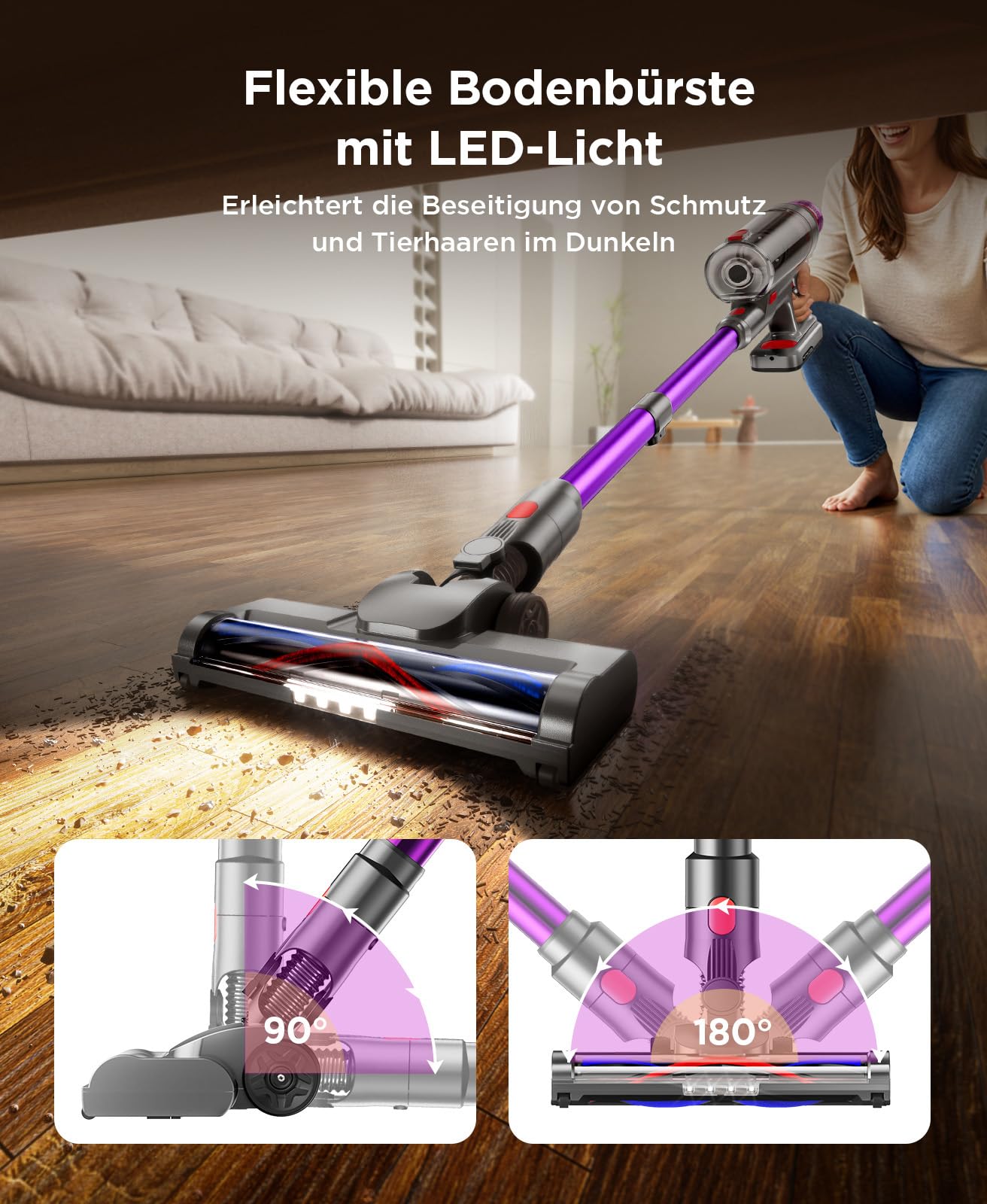 Akku-Staubsauger Tierhaare Kabellos Akkusauge: 45kPa Starke Saugkraft | Mit LED Display und Anti Tangle Bürste, Selbststehender Staubsauger Für Tierhaare Teppiche Hartböden