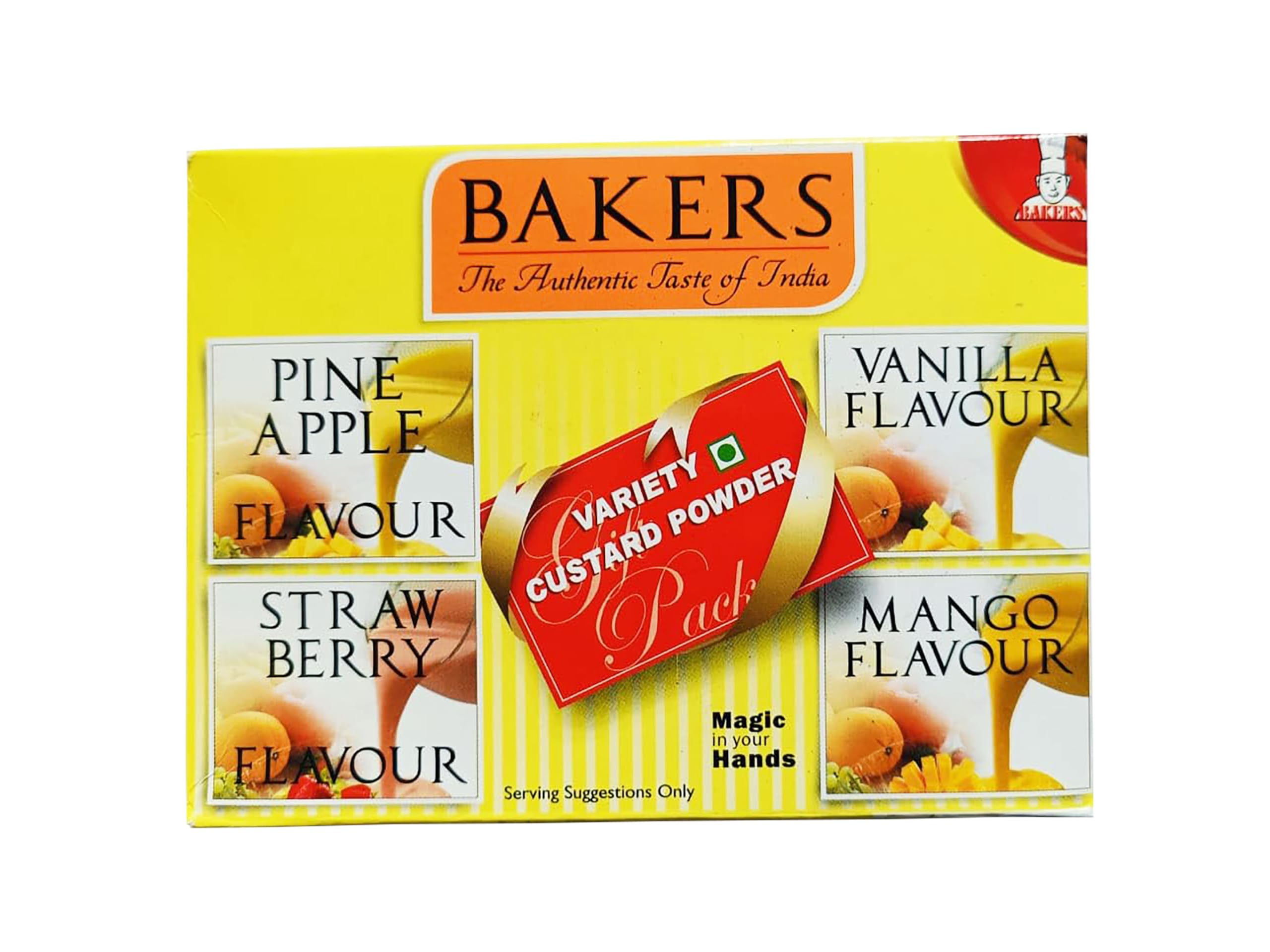 BAKERS Variety Custard Powder | Contains No Eggs |Pineapple, Vanilla, Strawberry, Mango | Long Shelf Life | Thick and Pulpy | Pack of 6 (100 gm x 6)