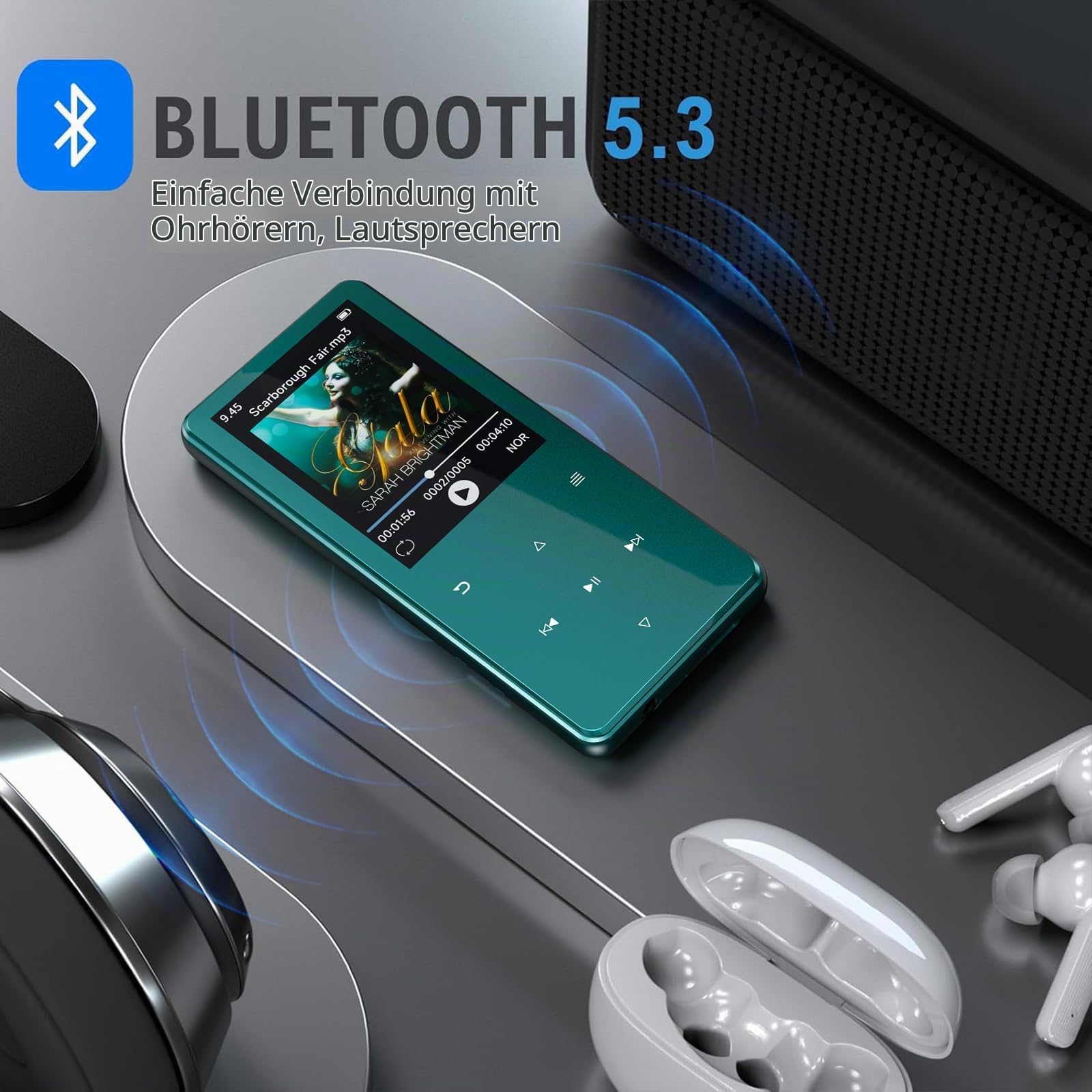 MP3 Player Bluetooth 5.3 64GB mit 2,4" Display, Touch-Tasten & Lautsprecher