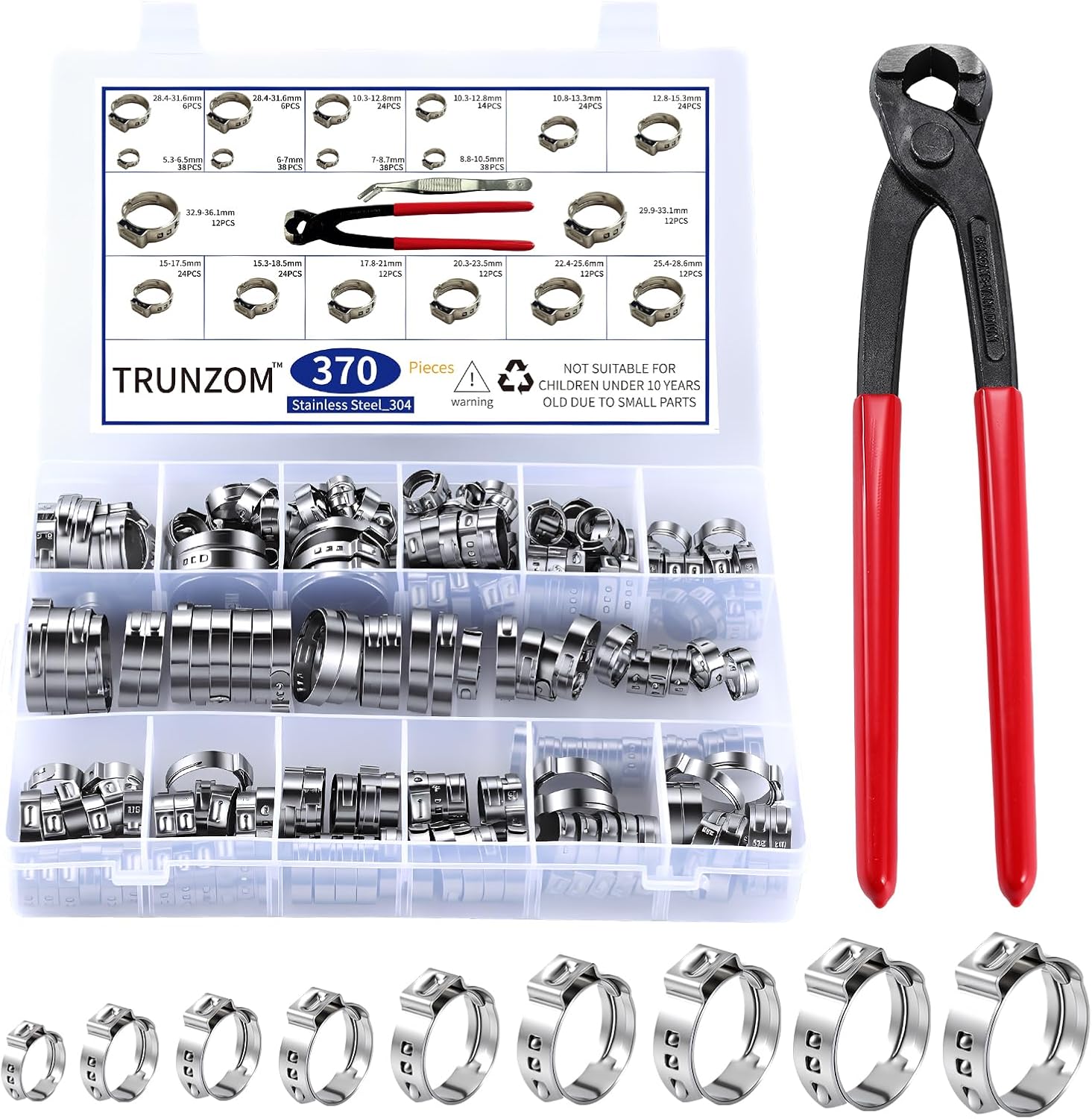 370pcs 16 Sizes Single Ear Hose Clamps, 5.3-36.1mm 304 Stainless Steel Crimp Hose Clamps,Cinch Rings Assortment Kit for Automotive, Pipe, Plumbing, Home Appliance Line with Ear Clamp pincer