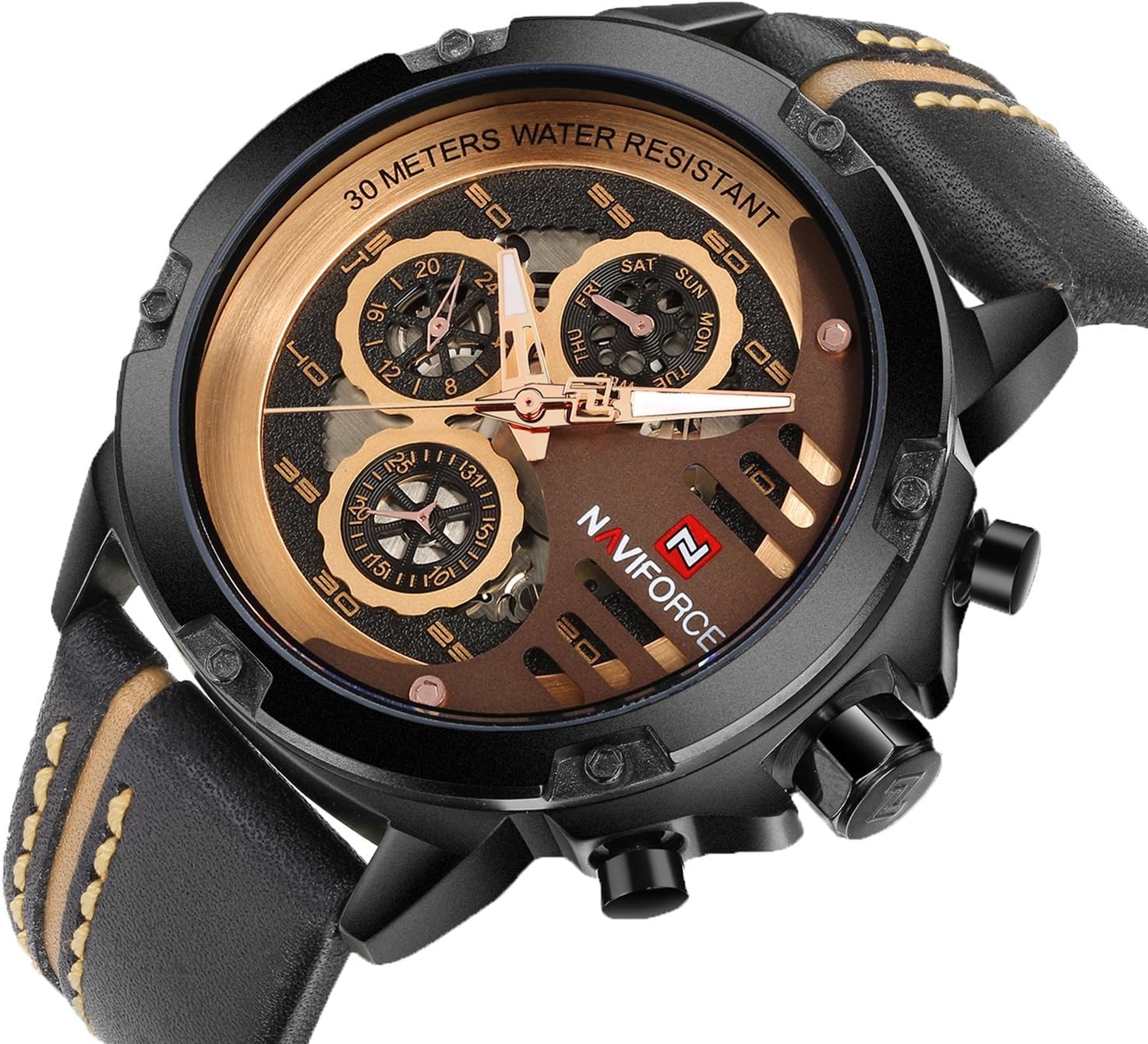NAVIFORCE Orologio sportivo militare da uomo, impermeabile, analogico, al quarzo, cinturino in pelle, con data e calendario