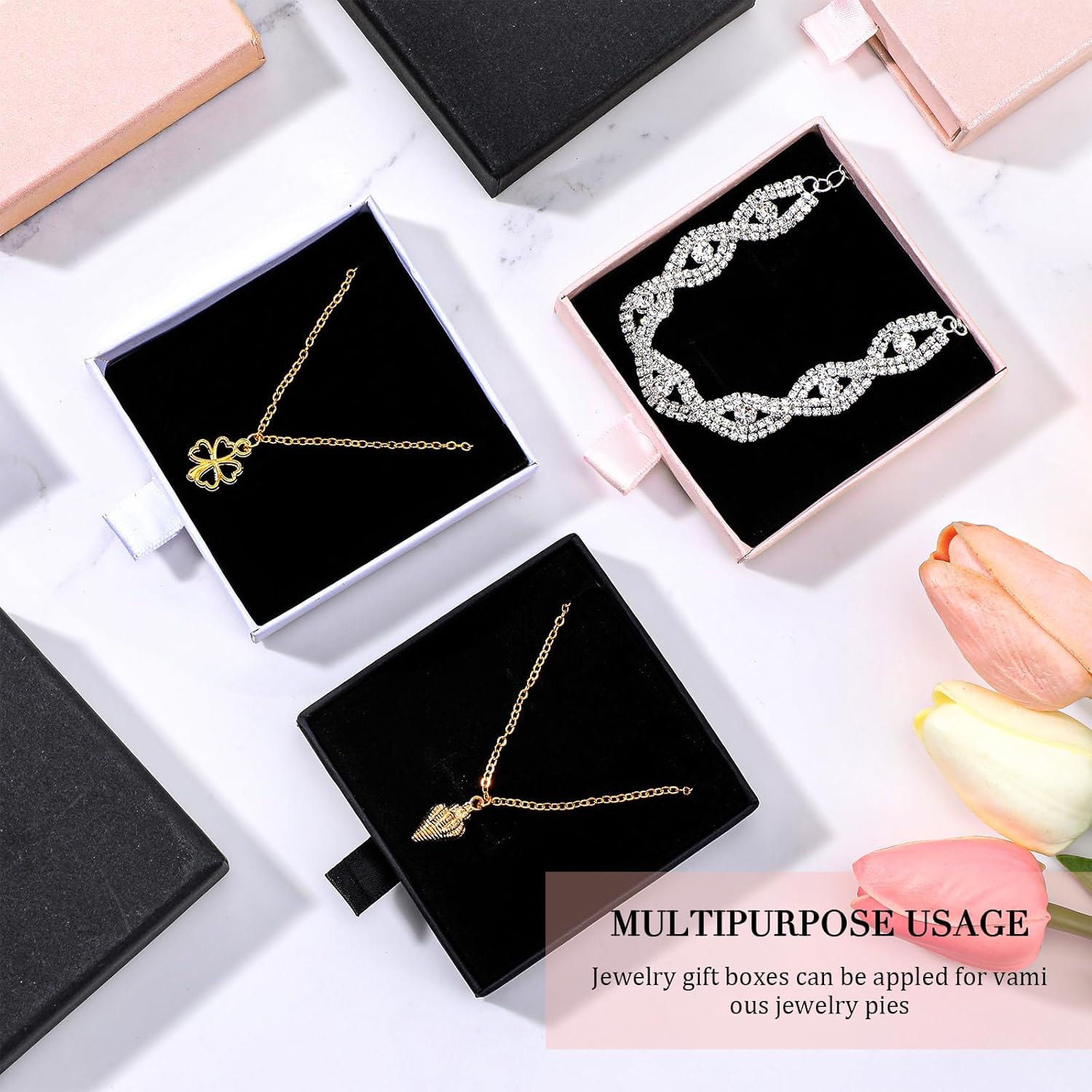 24 Pack Jewelry Gift Boxes Cardboard Jewelry Boxes 3.1 x 3.1 x 0.7 Inch Pull out Design Bulk Small Black Gift Box with Lids for Necklace Ring Bracelets Earring Display Box